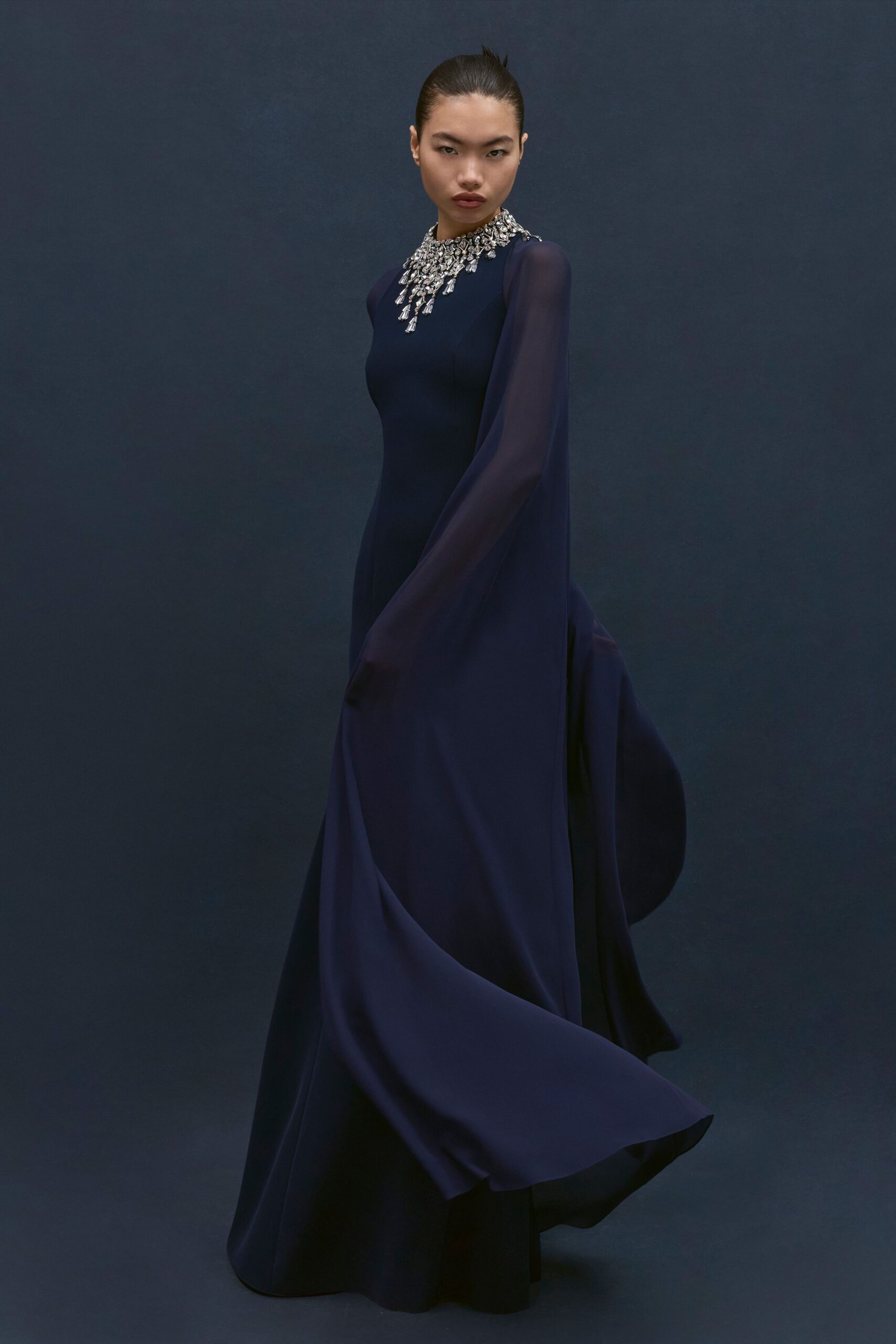 navy silk fitted gown