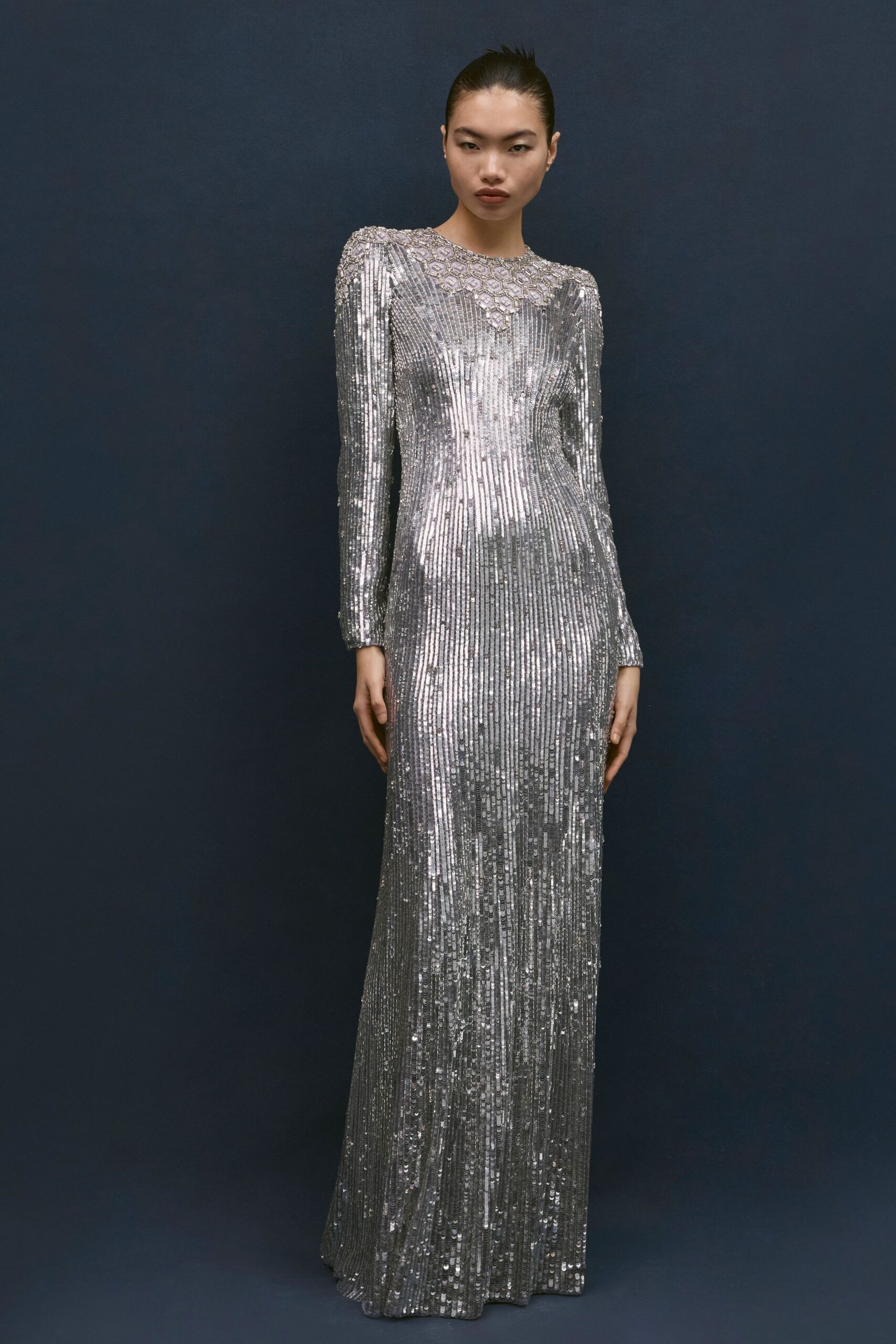 silver sequin fitted gown