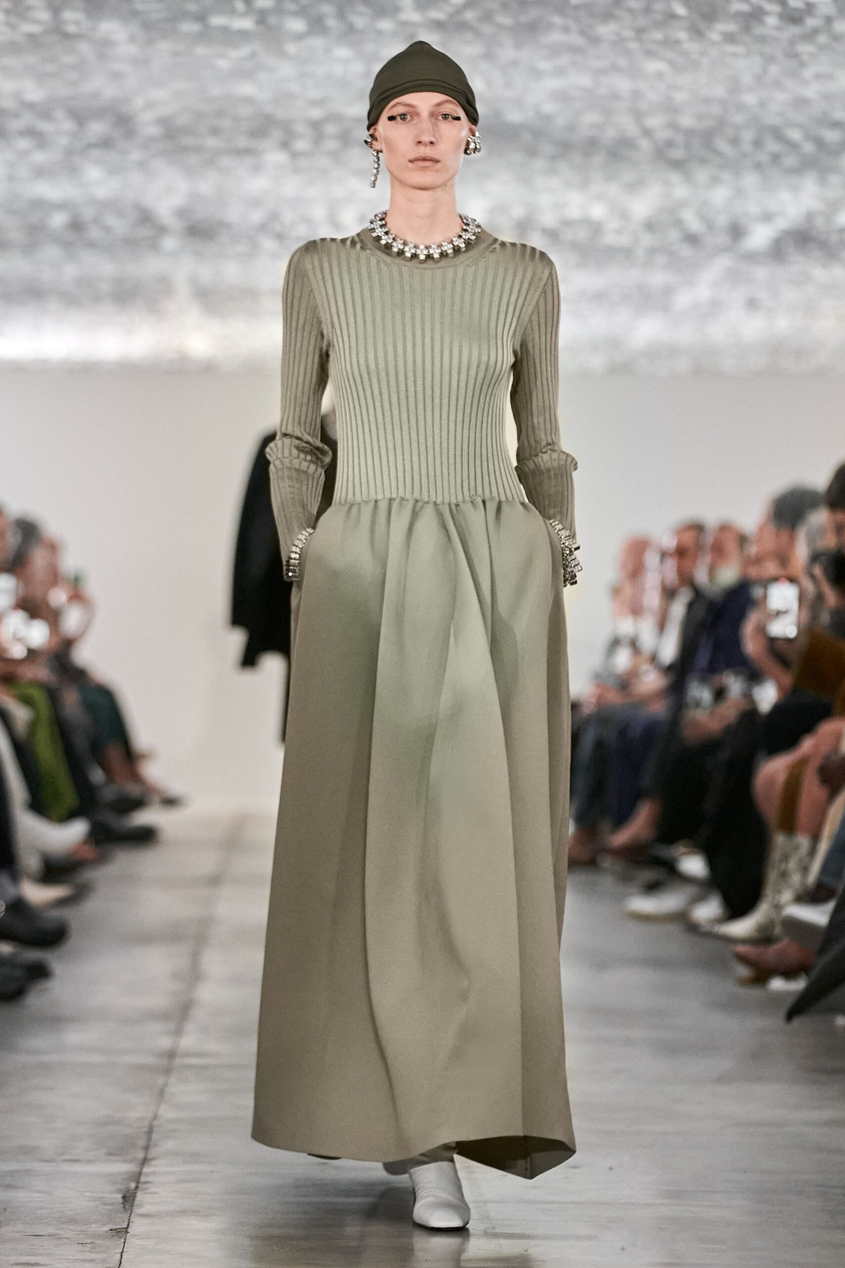 green cotton long-sleeve high-neck fitted pleated maxi dress