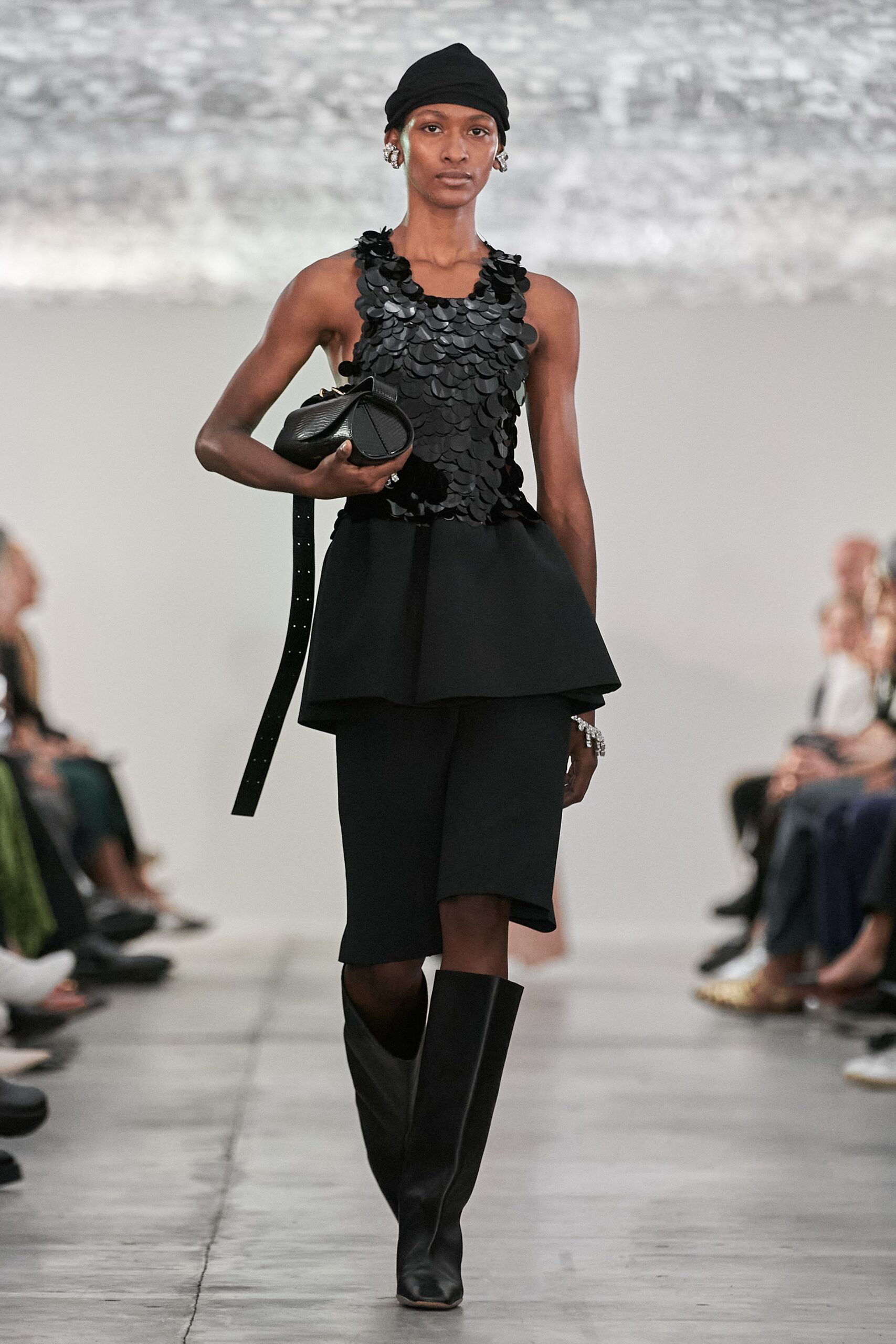 black beaded top with pencil skirt