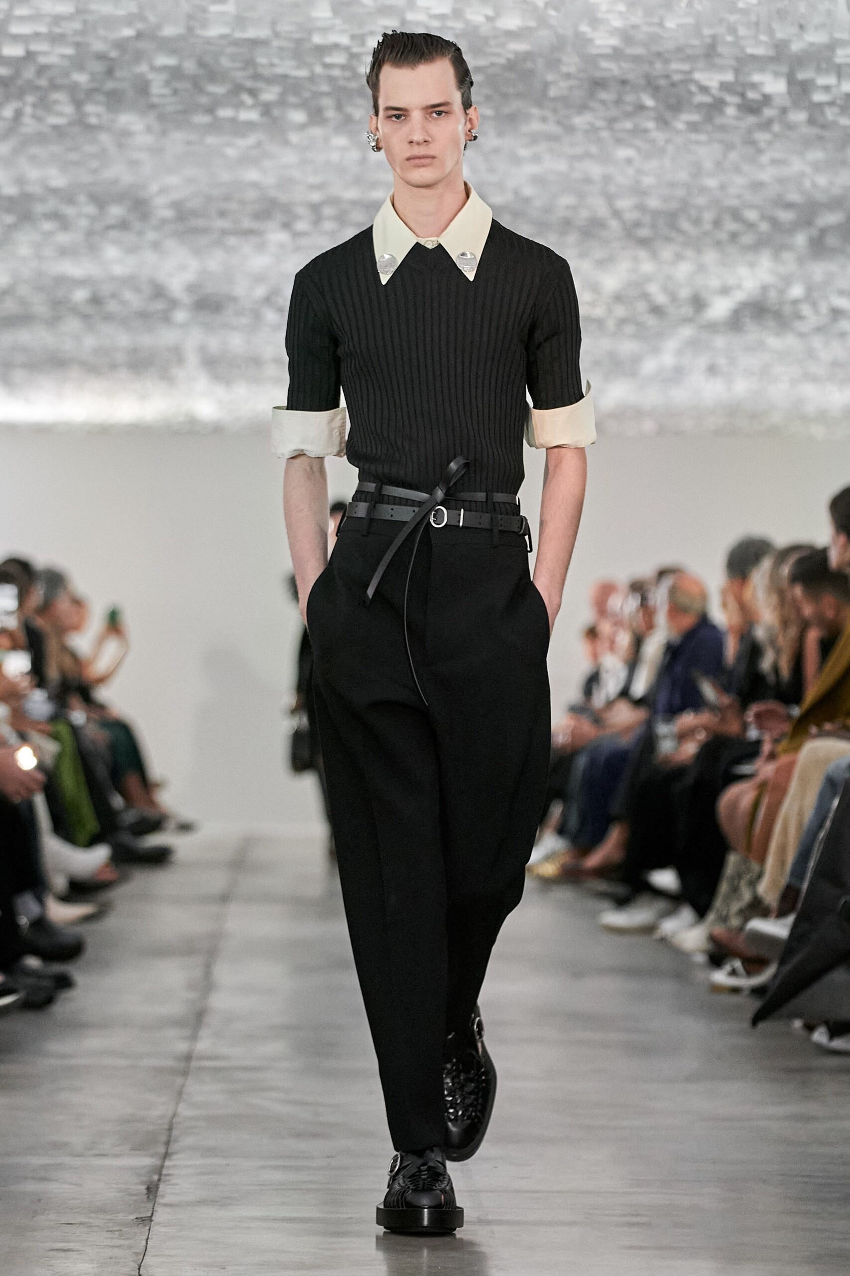 black fitted shirt and tailored pants