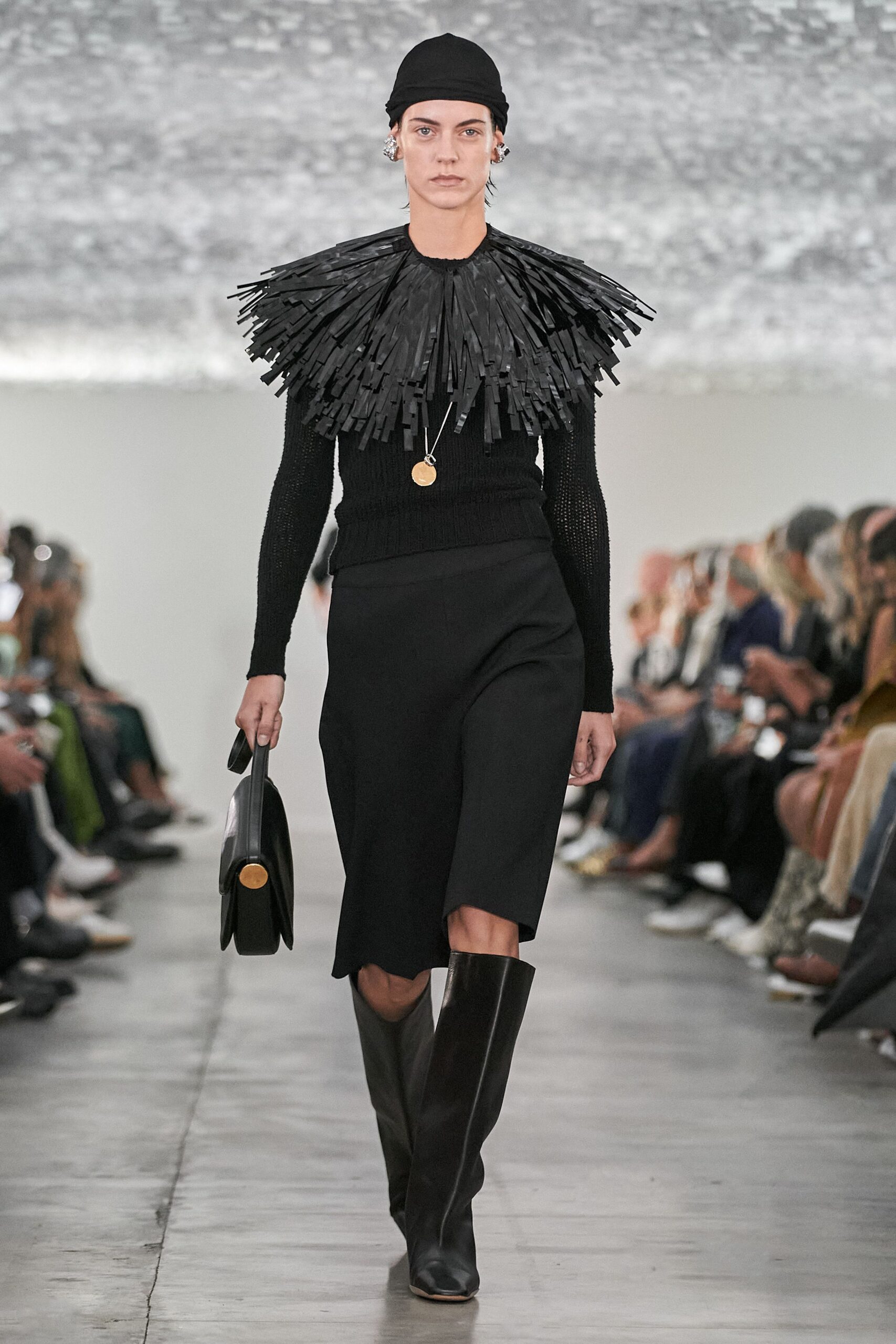 black knit long-sleeve high-neck fitted fringed top