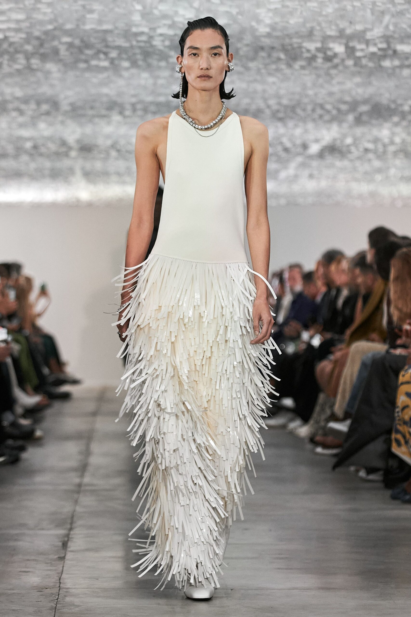 white fringed gown with shoes
