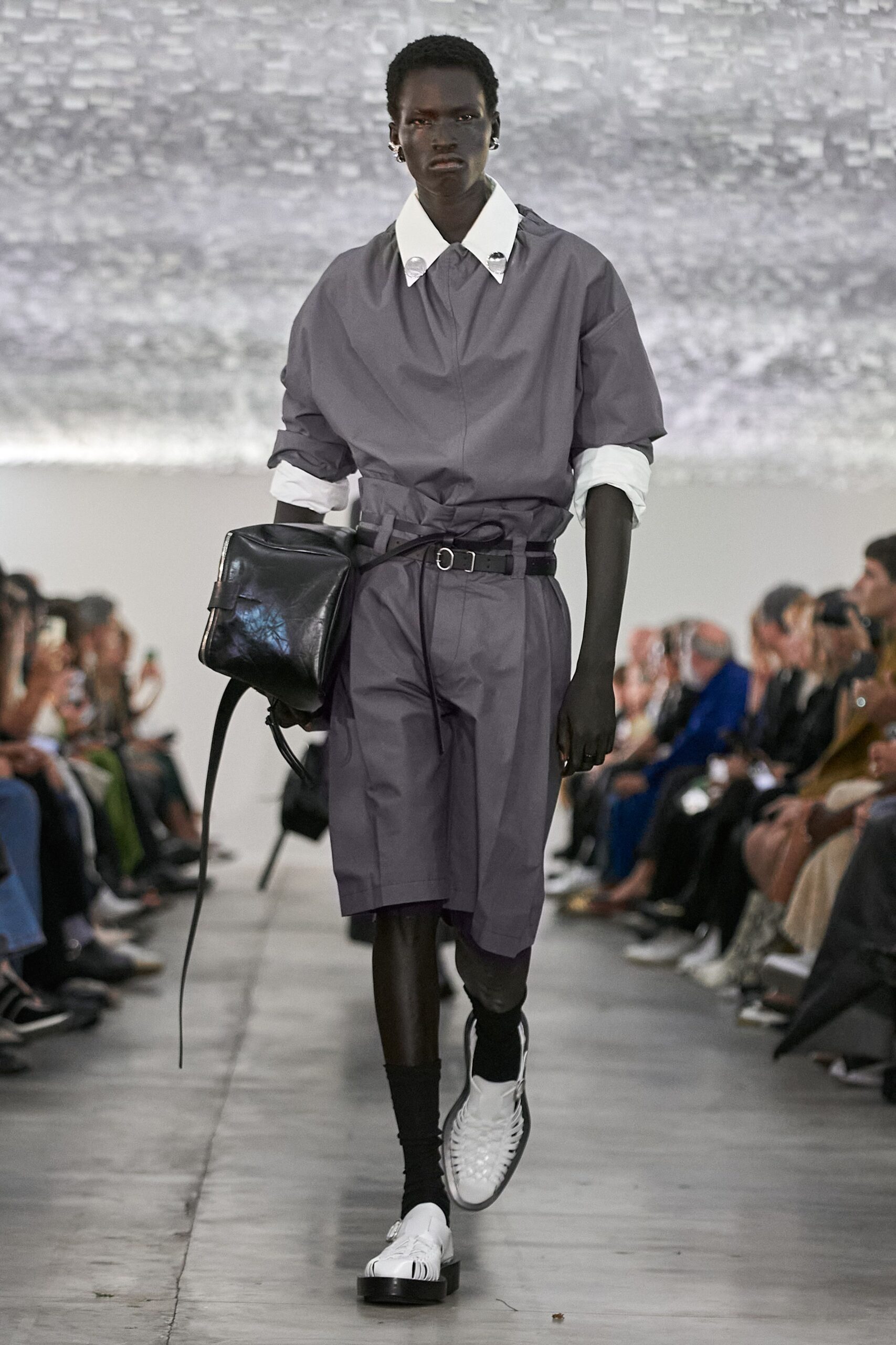 gray cotton short-sleeve fitted zippered belted jumpsuit
