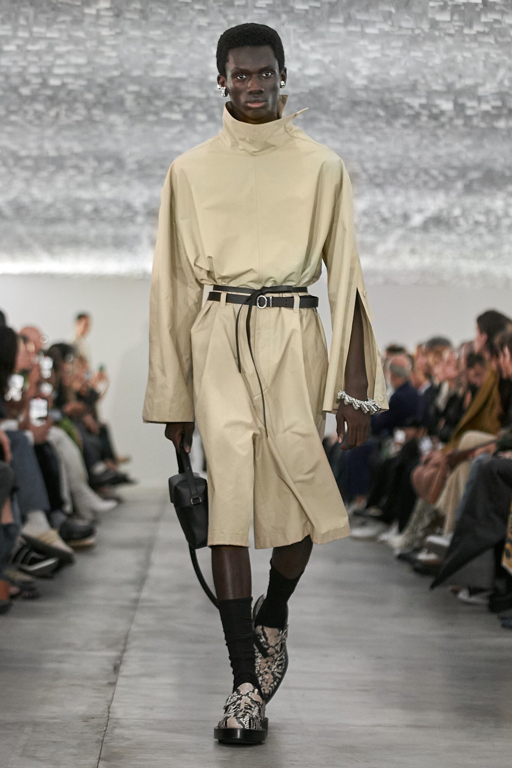 beige cotton long-sleeve collared relaxed belted midi coat