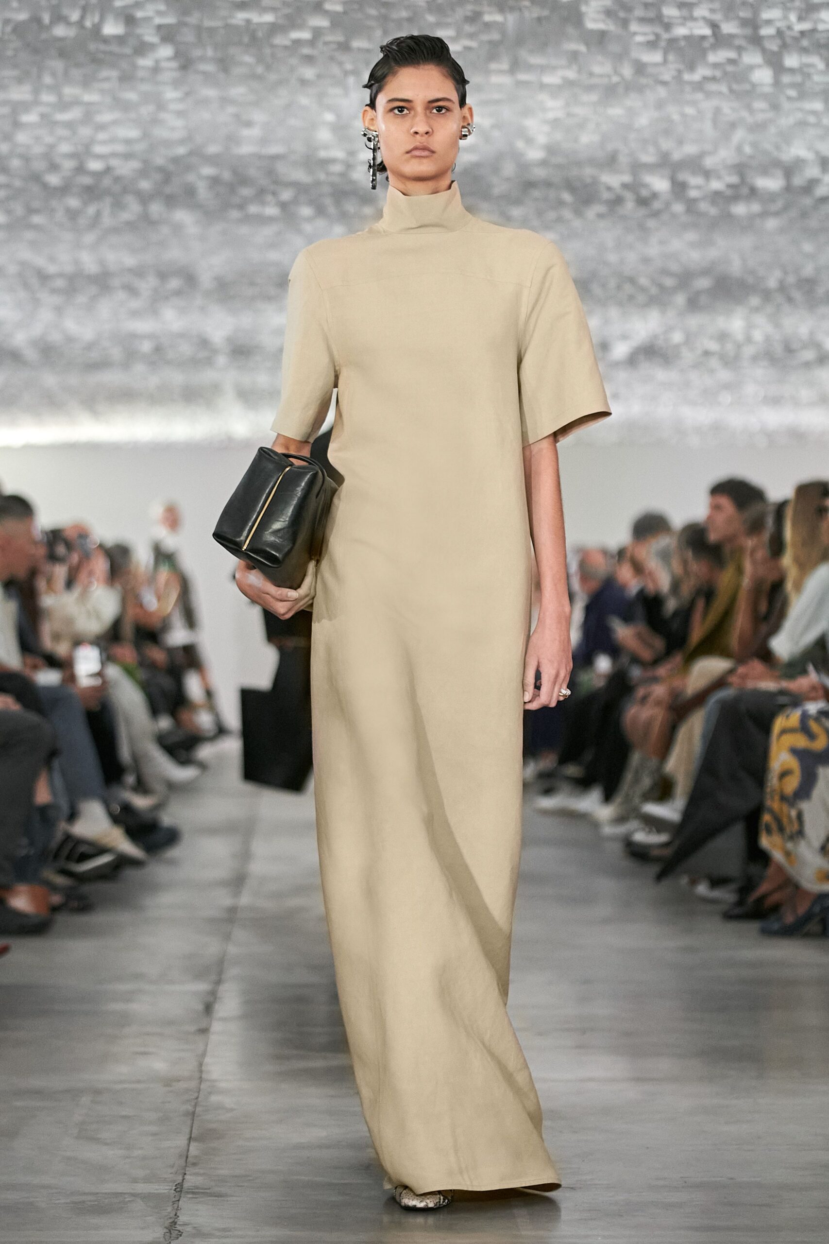 beige silk short-sleeve high-neck fitted straight-leg maxi gown