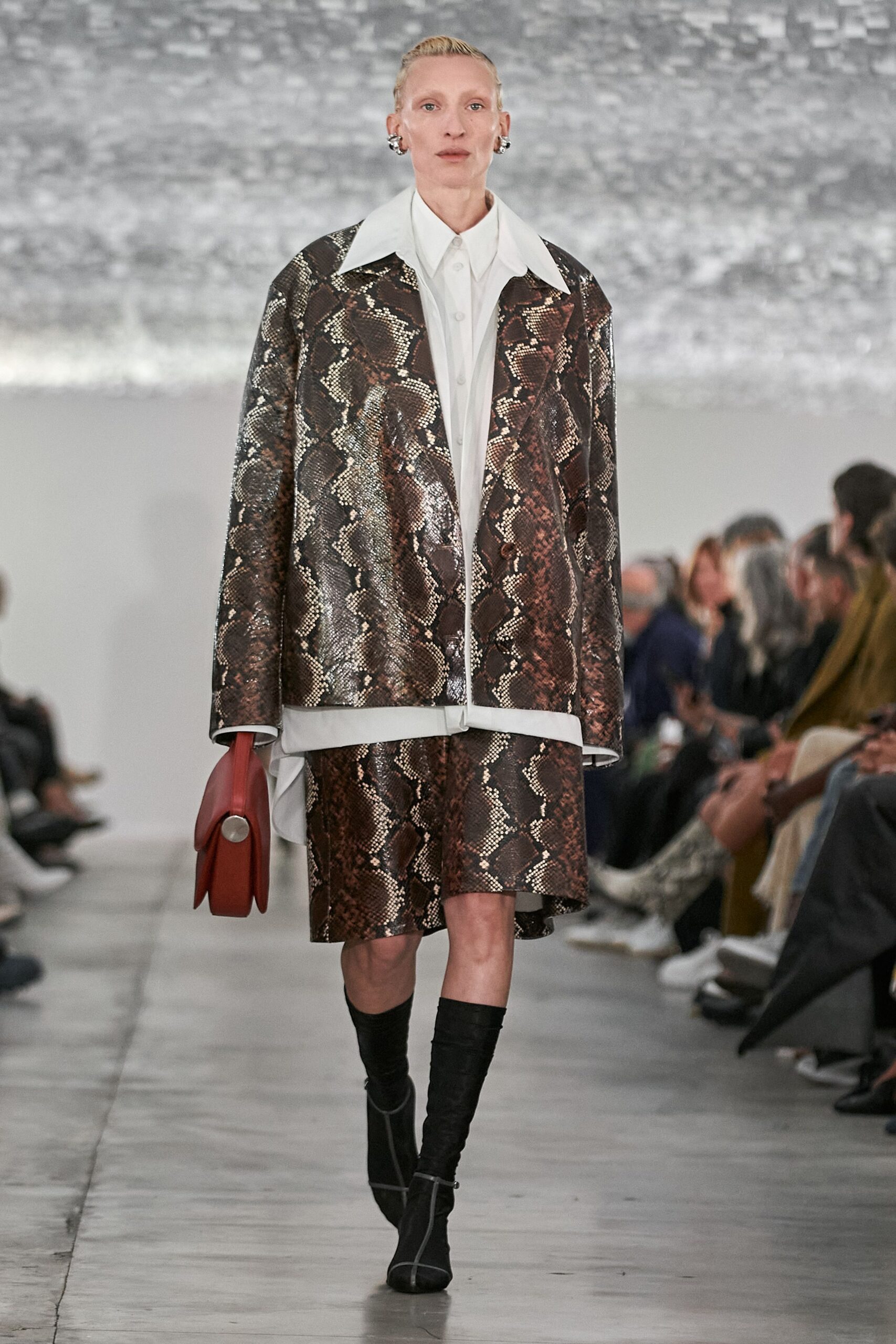 brown leather long-sleeve collared oversized printed coat