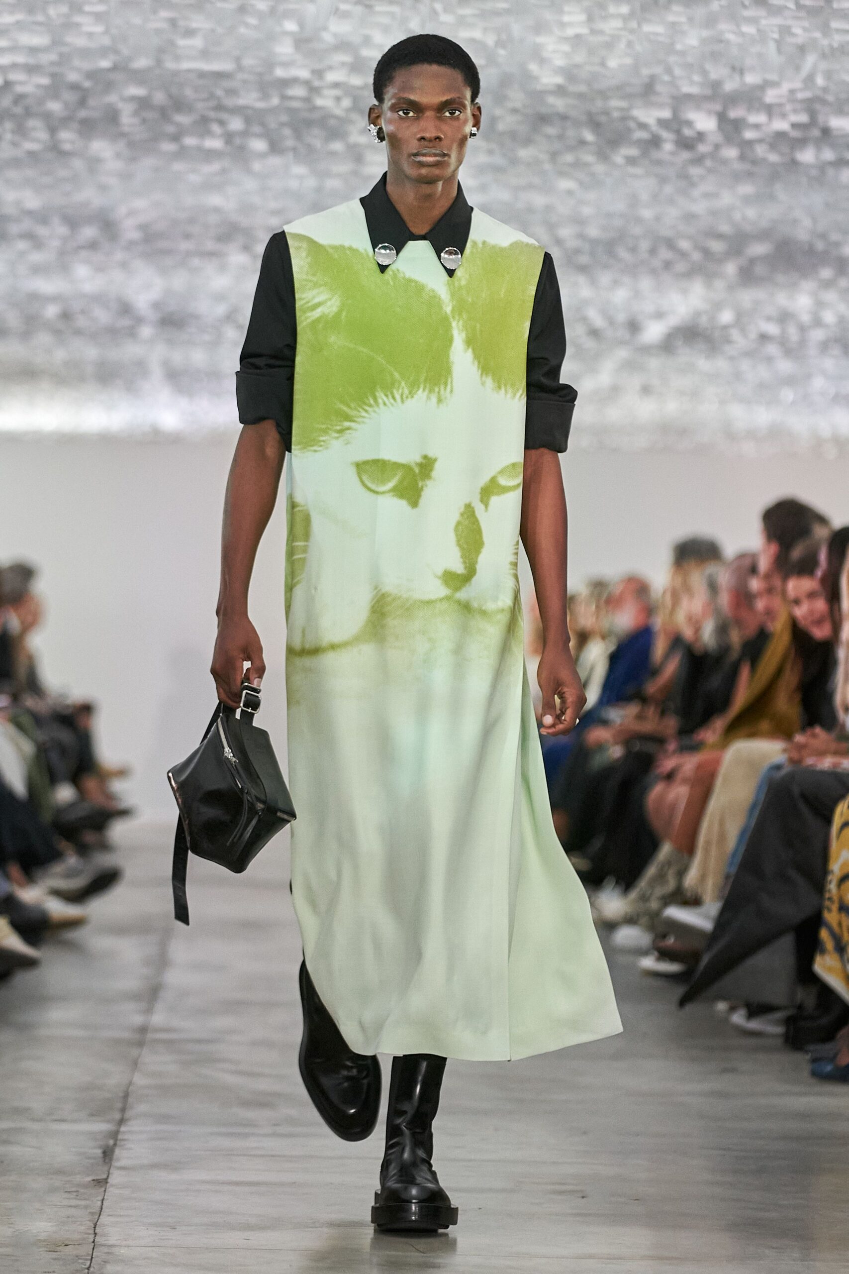 green silk short-sleeve collared relaxed printed maxi dress