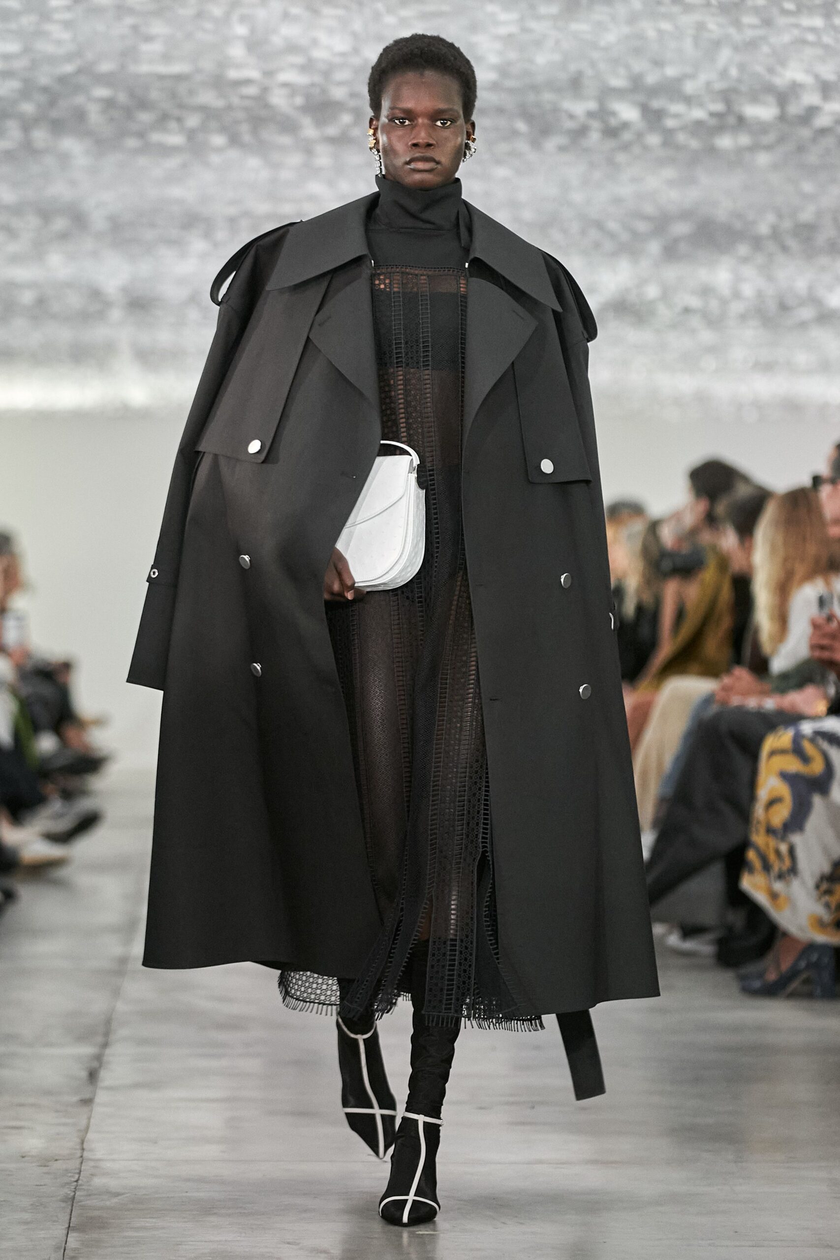 black cotton long-sleeve collared relaxed layered maxi coat