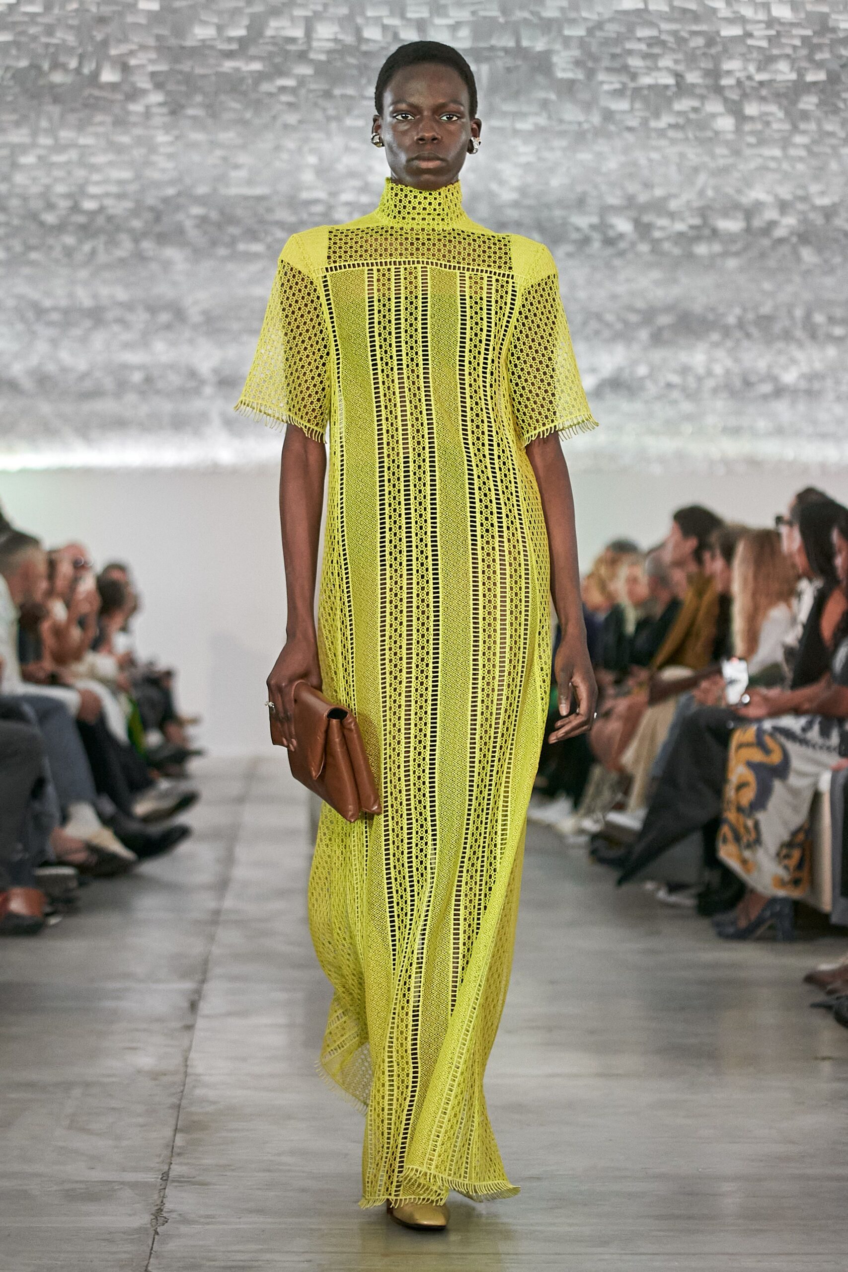 yellow lace short-sleeve high-neck fitted layered pleated gown