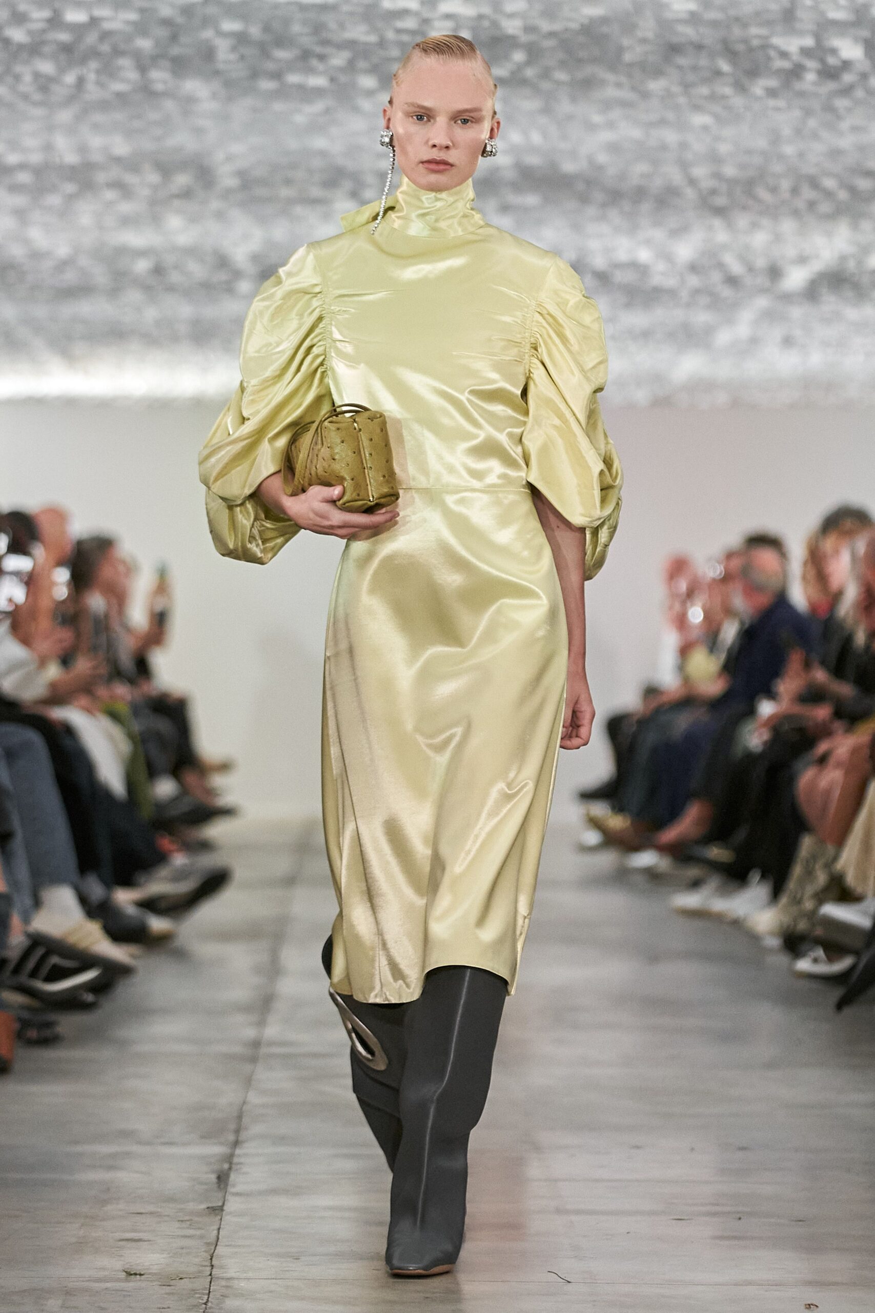 yellow satin long-sleeve high-neck fitted padded draped dress