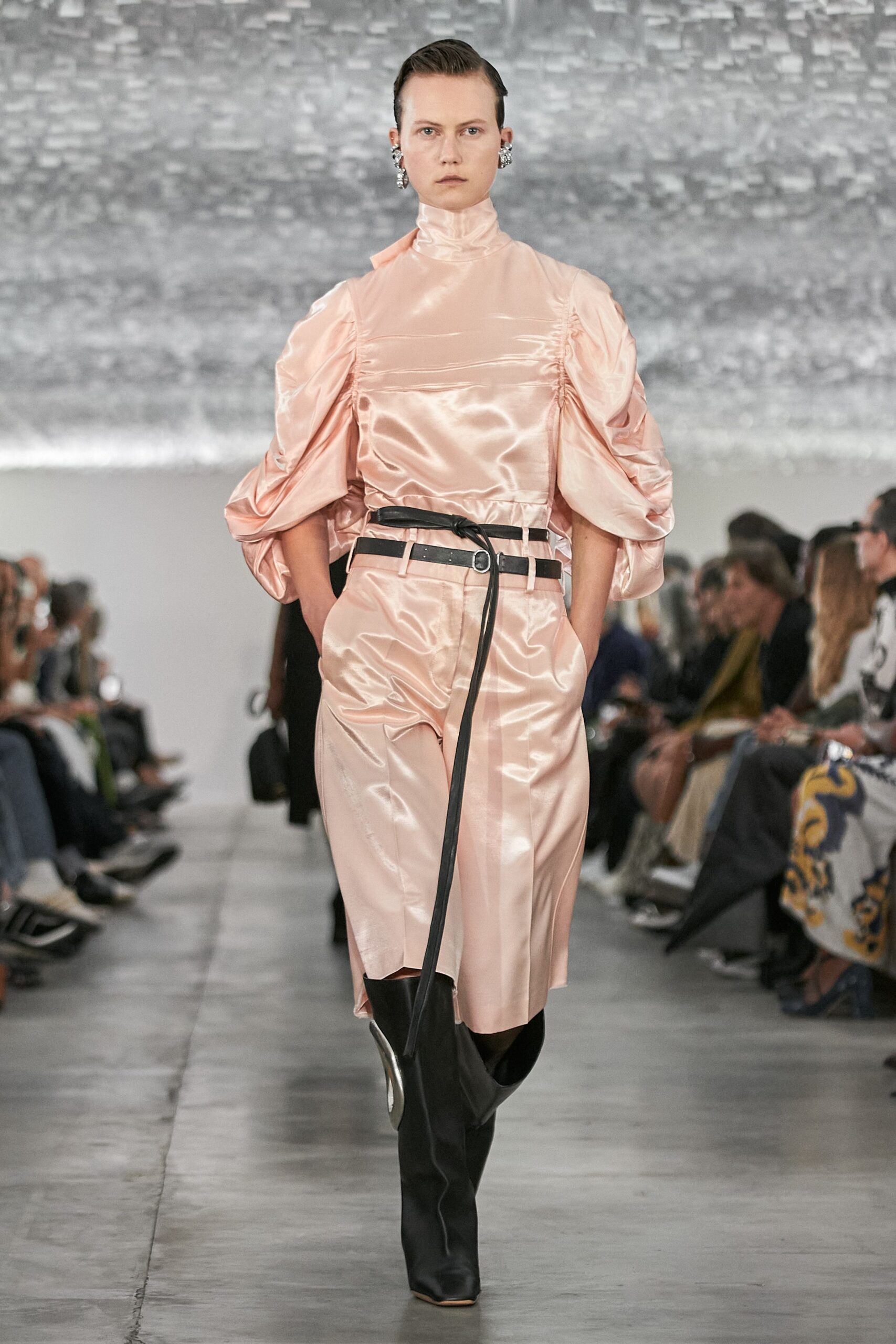 pink silk long-sleeve high-neck fitted pleated belted dress