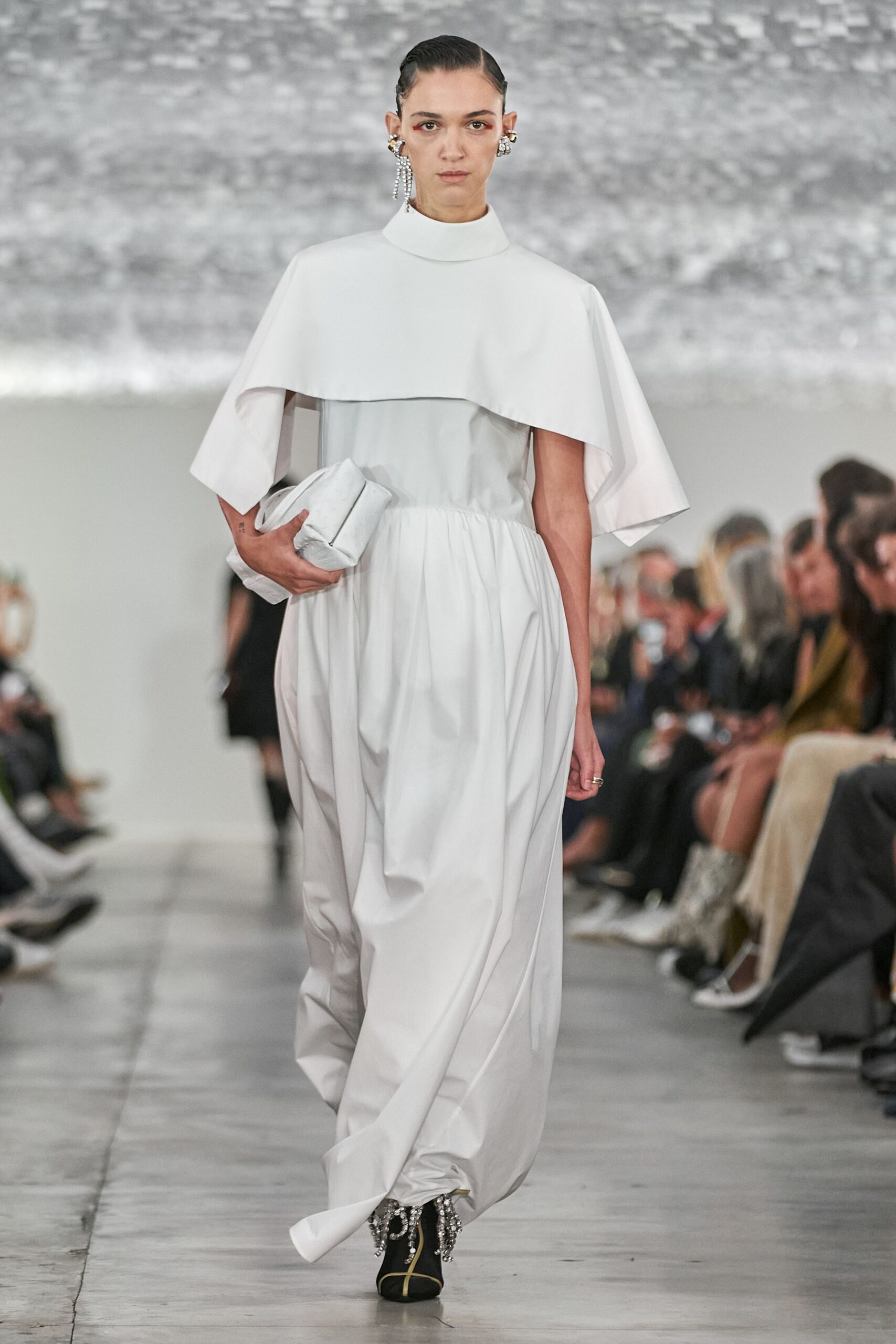 white cotton sleeveless high-neck relaxed layered maxi gown