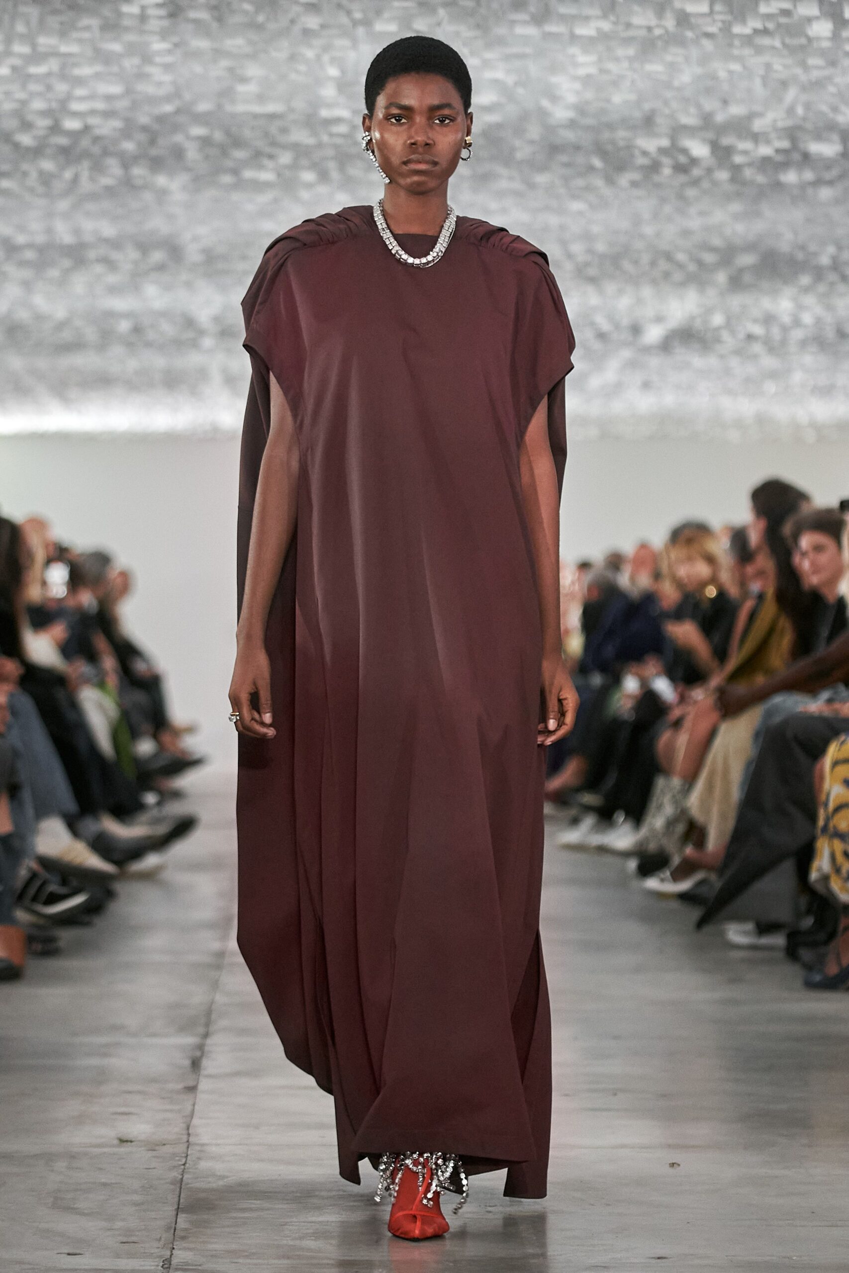 maroon silk sleeveless relaxed draped maxi gown