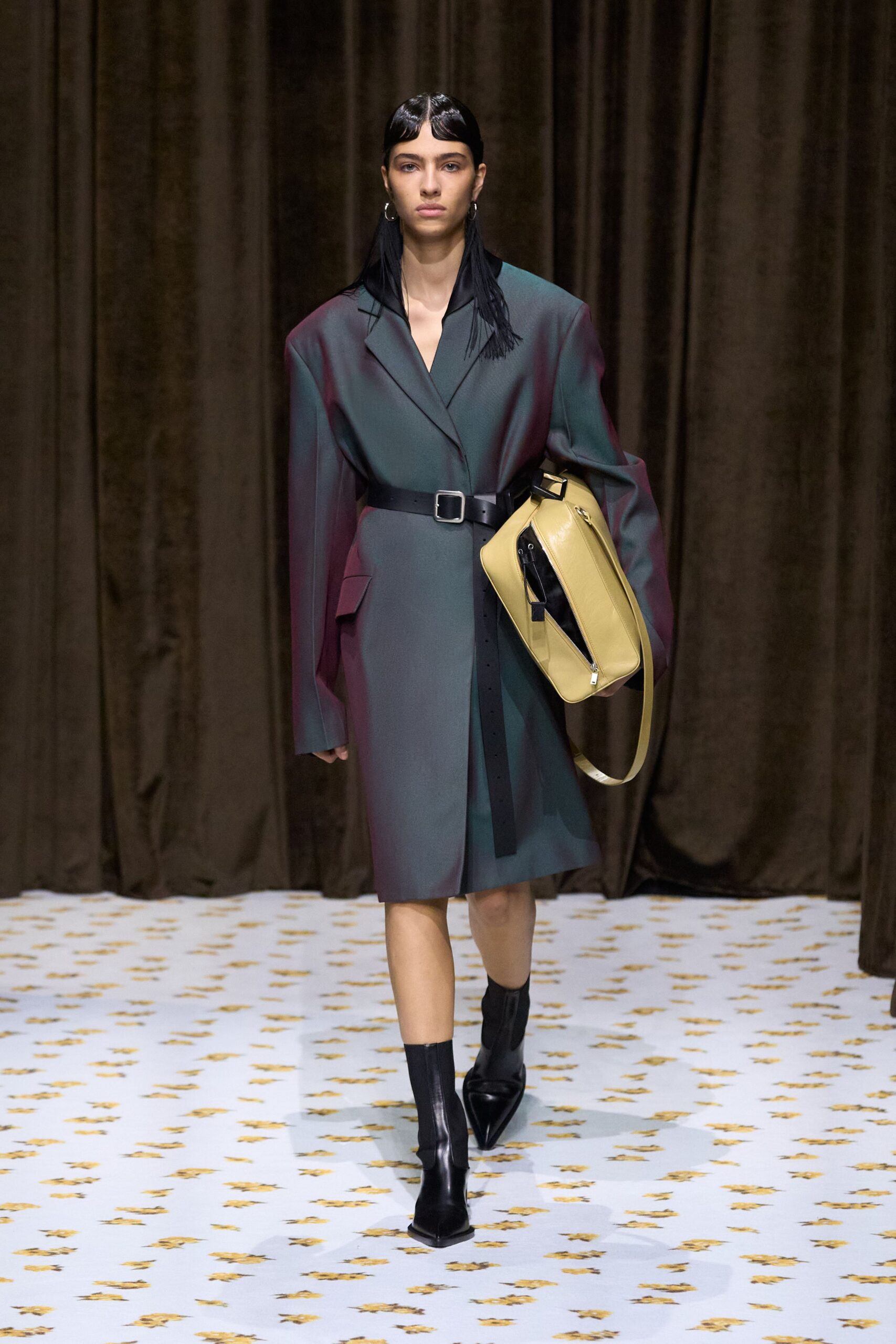 green silk long-sleeve collared relaxed belted midi dress