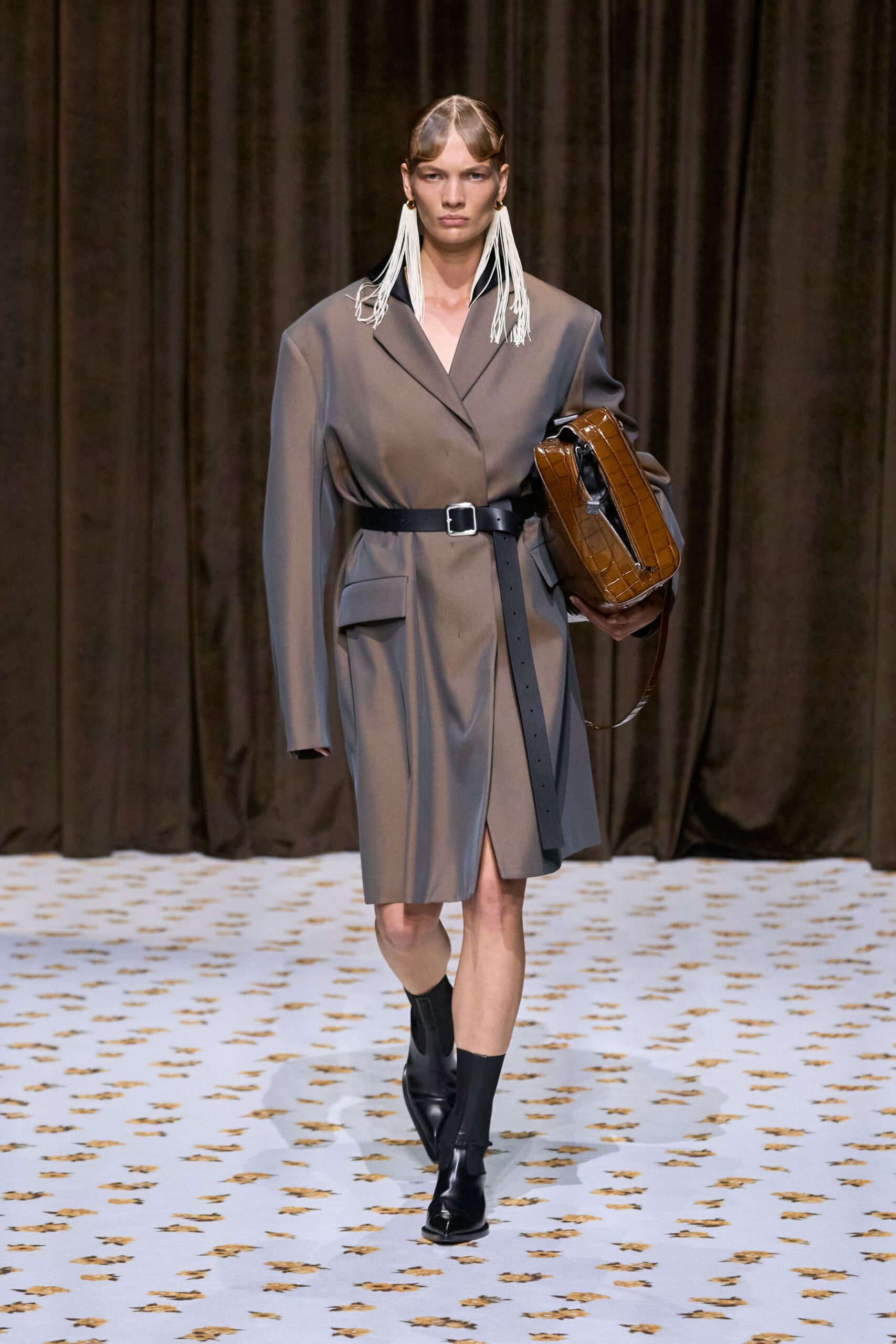 brown cotton long-sleeve collared oversized belted blazer