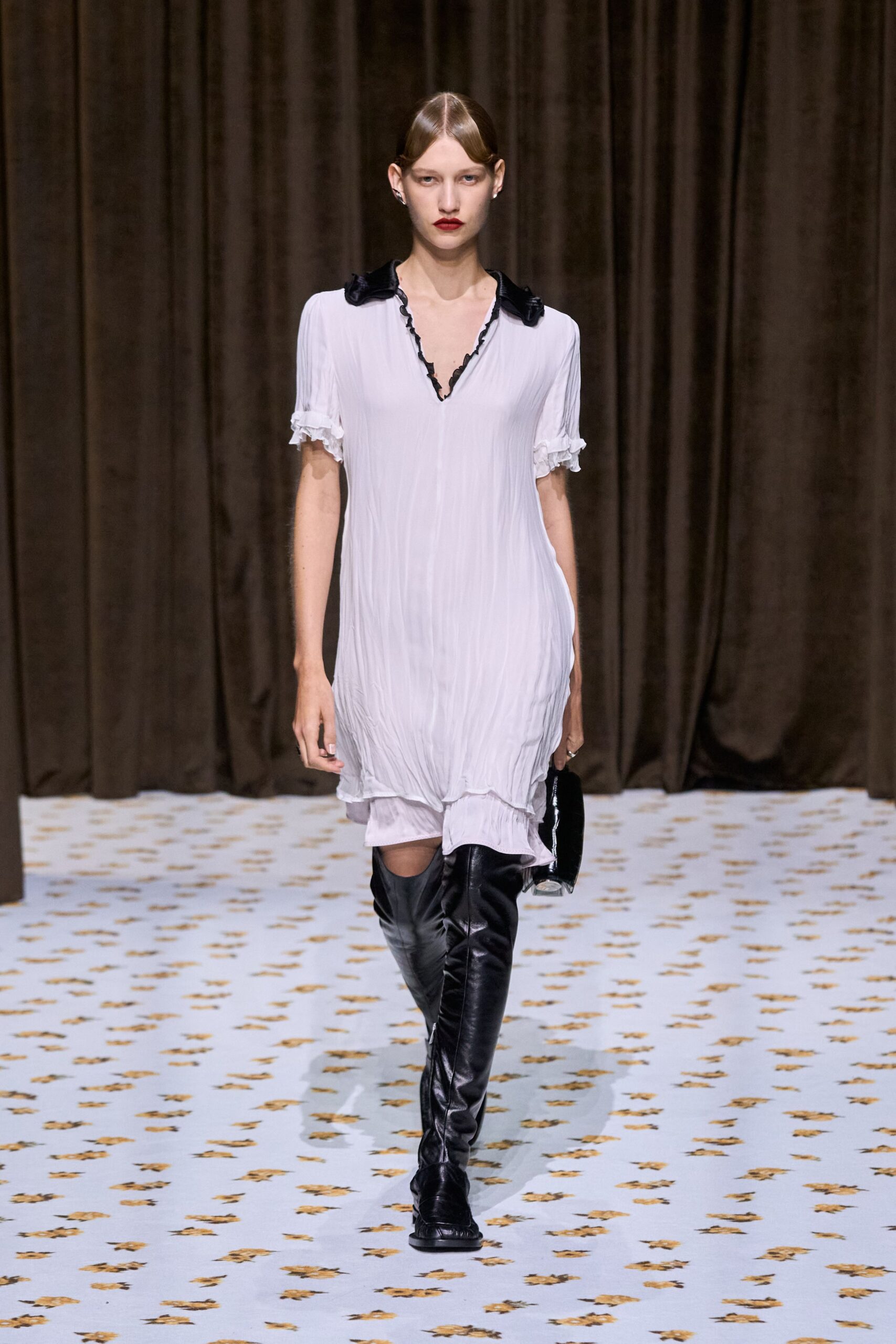 white silk short-sleeve collared relaxed pleated flowing dress