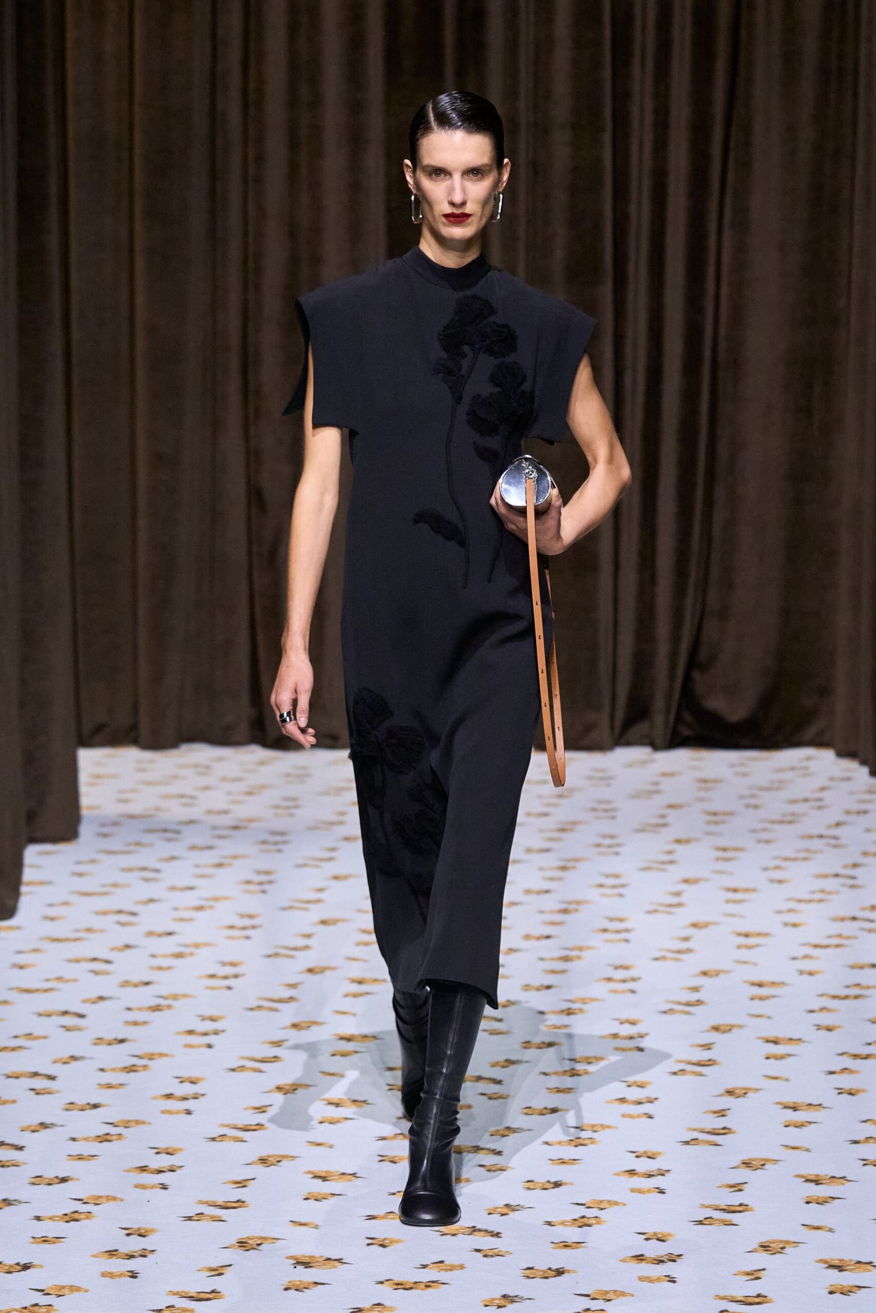 black fitted midi dress with bag