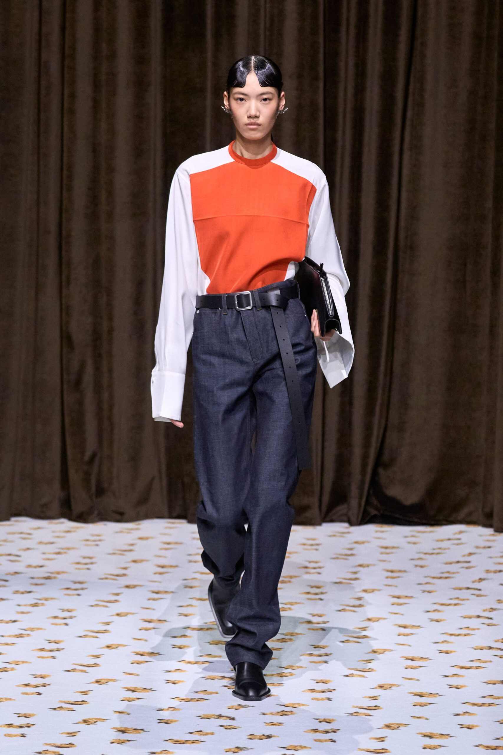 white and orange relaxed shirt with tailored pants