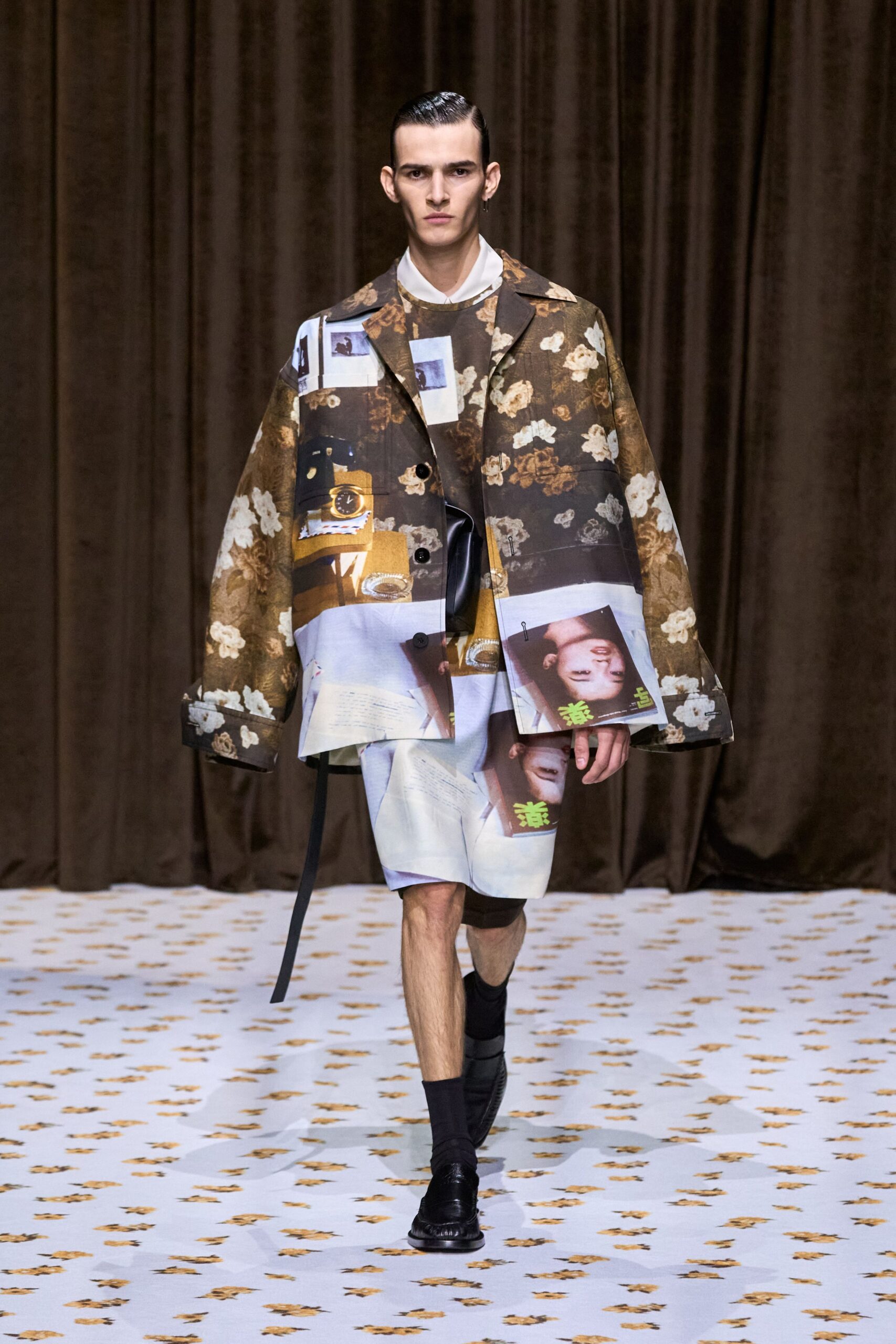 brown cotton long-sleeve collared oversized printed jacket