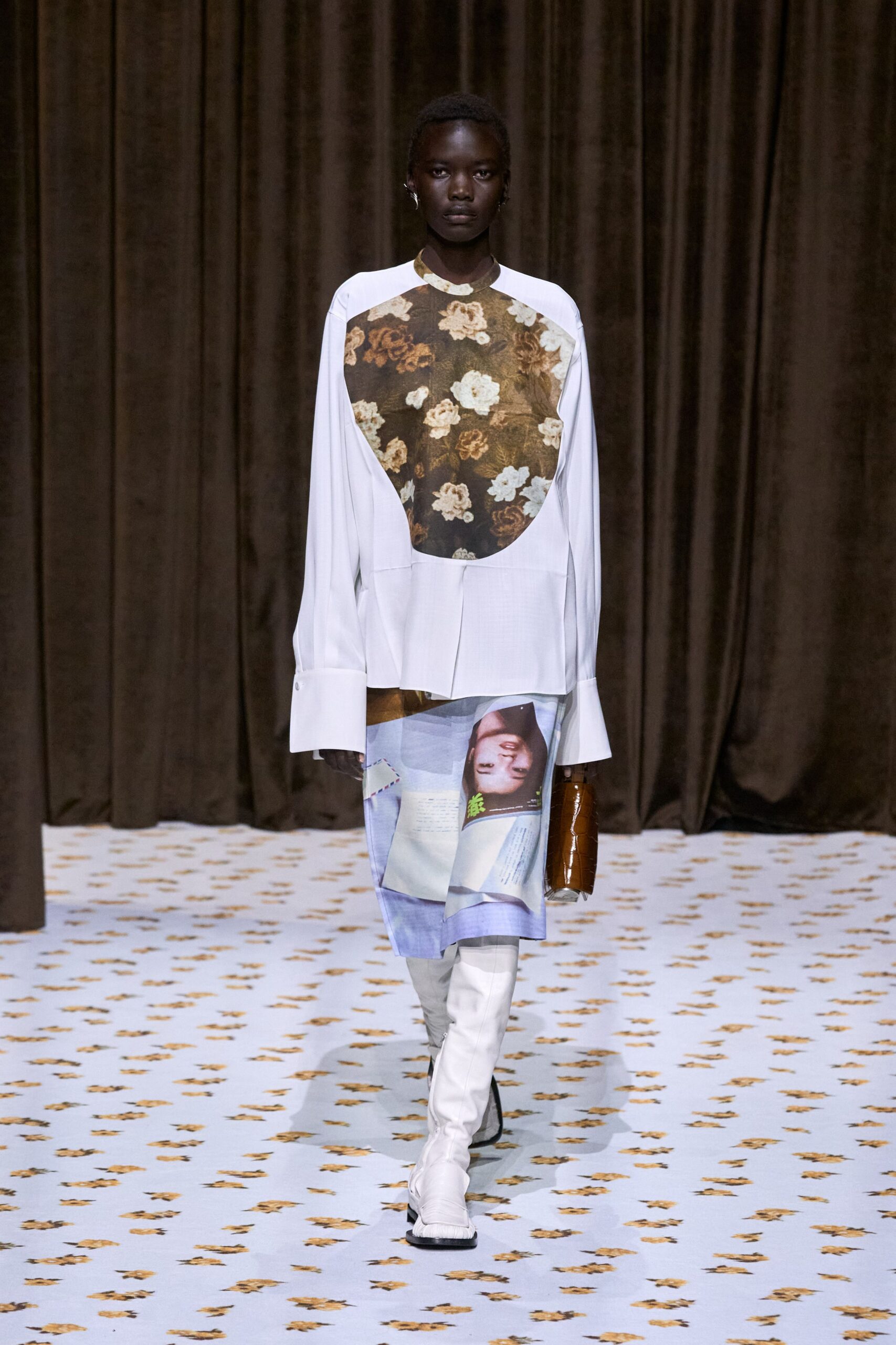 white shirt layered blue skirt
