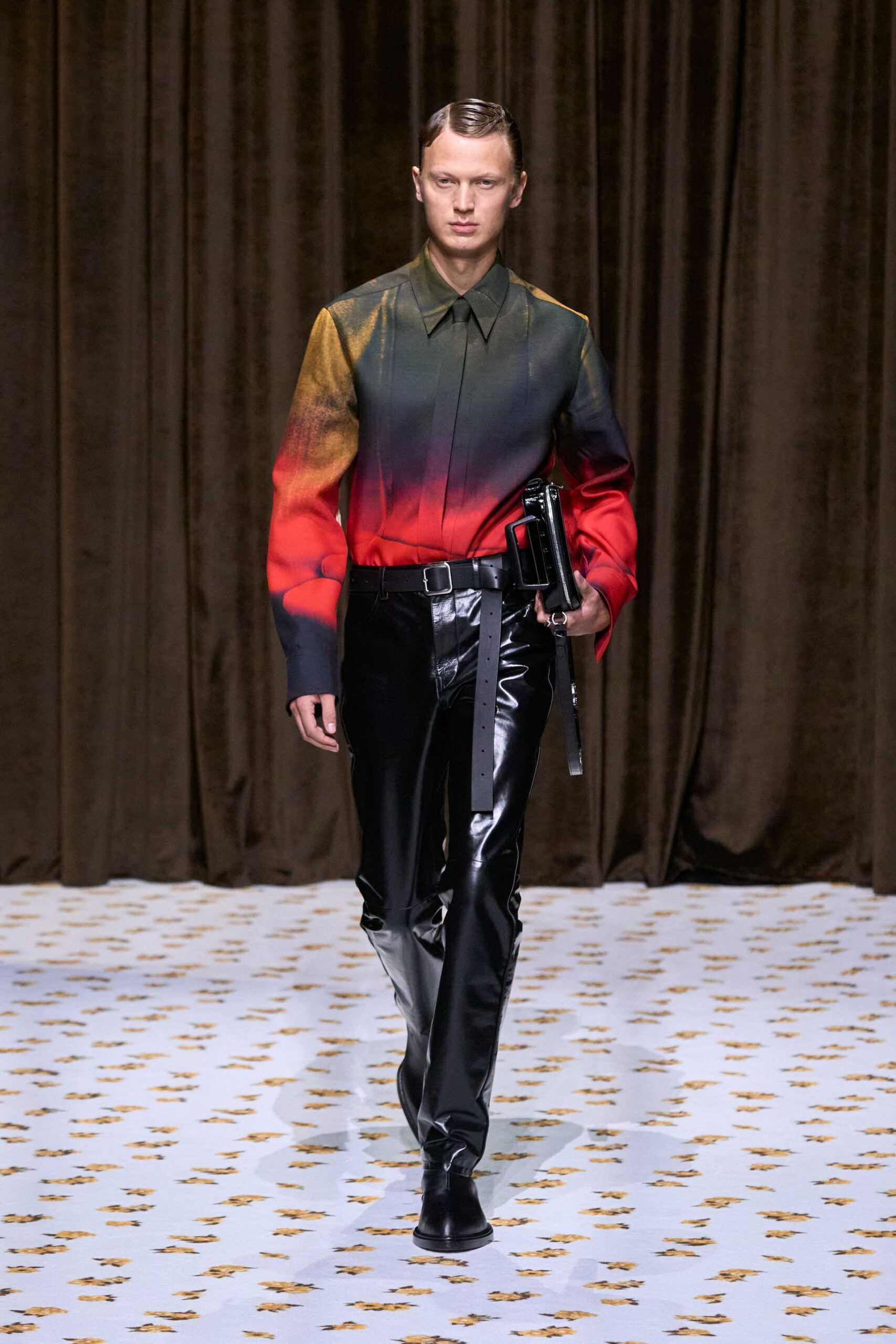red silk long-sleeve collared fitted color-blocked shirt