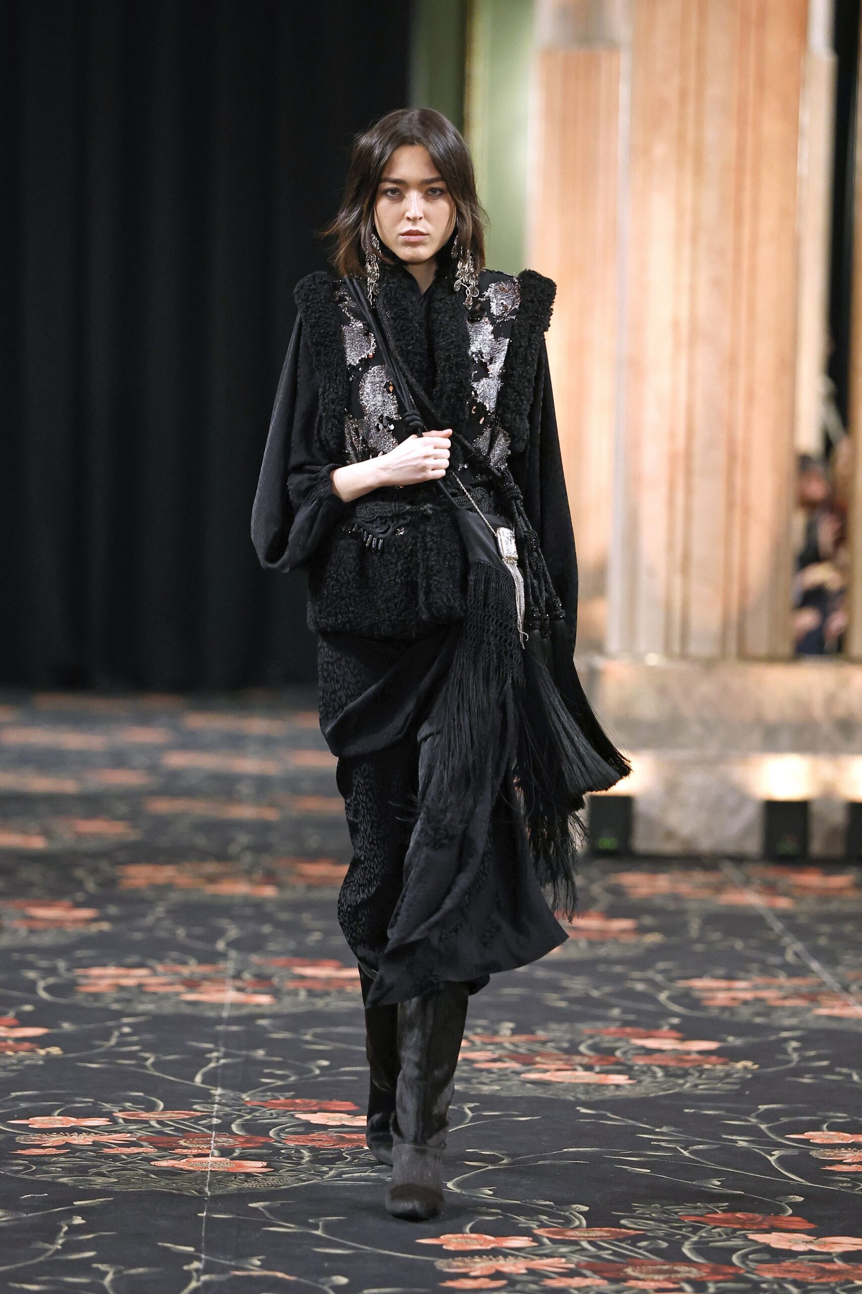 black silk long-sleeve v-neck relaxed layered fringed dress