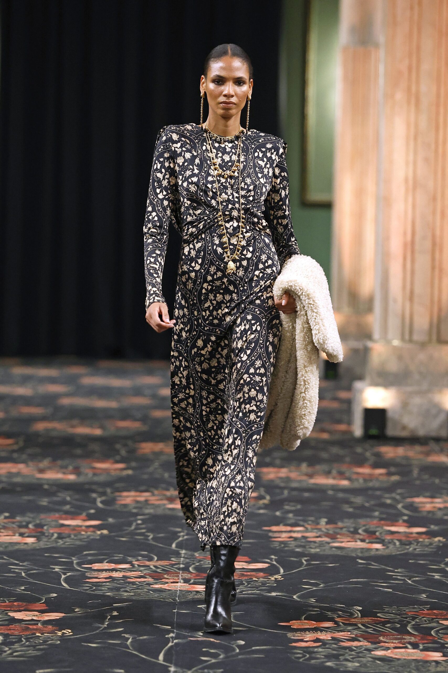 black silk long-sleeve v-neck fitted floral embroidered dress