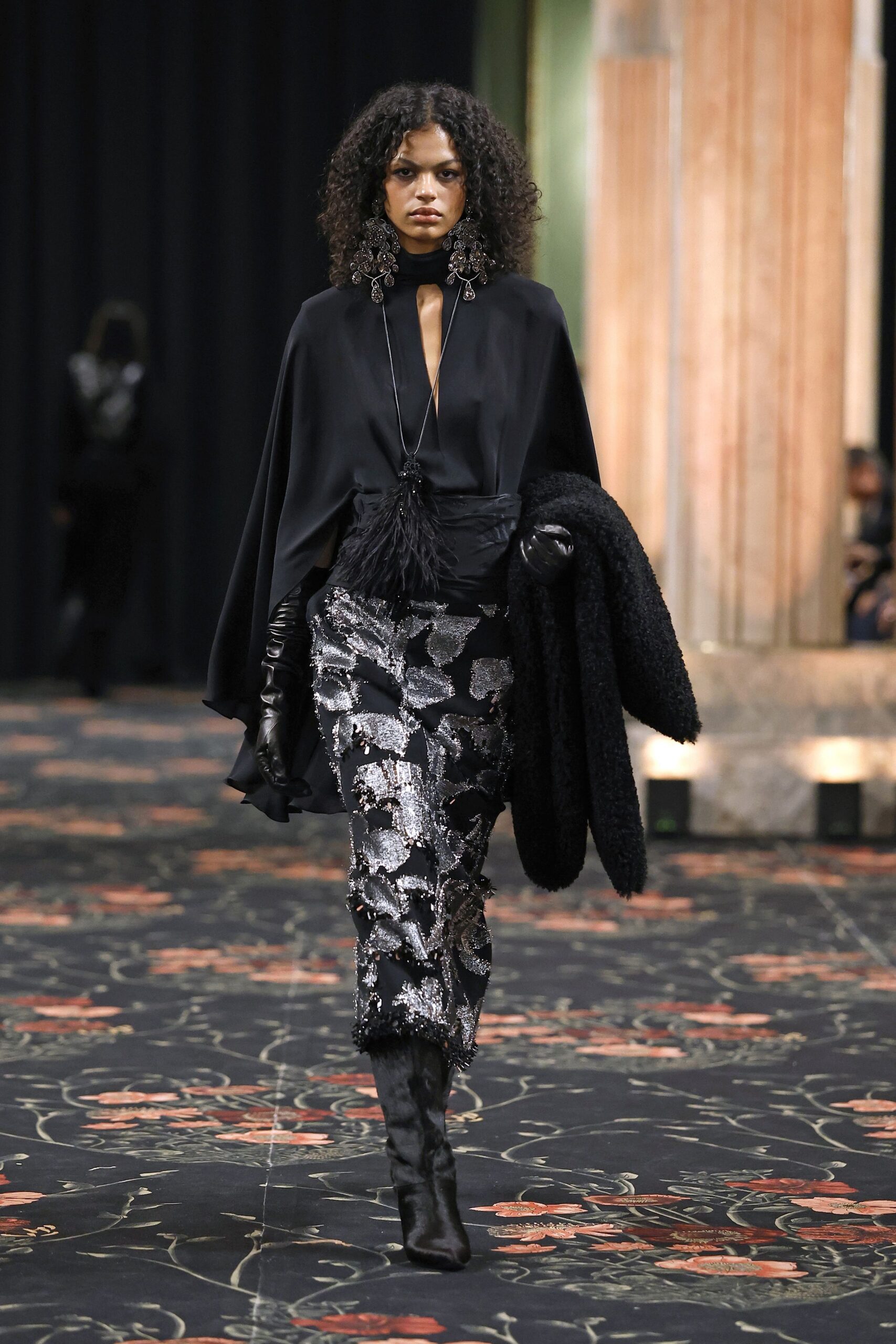 black silk long-sleeve collared relaxed draped cape