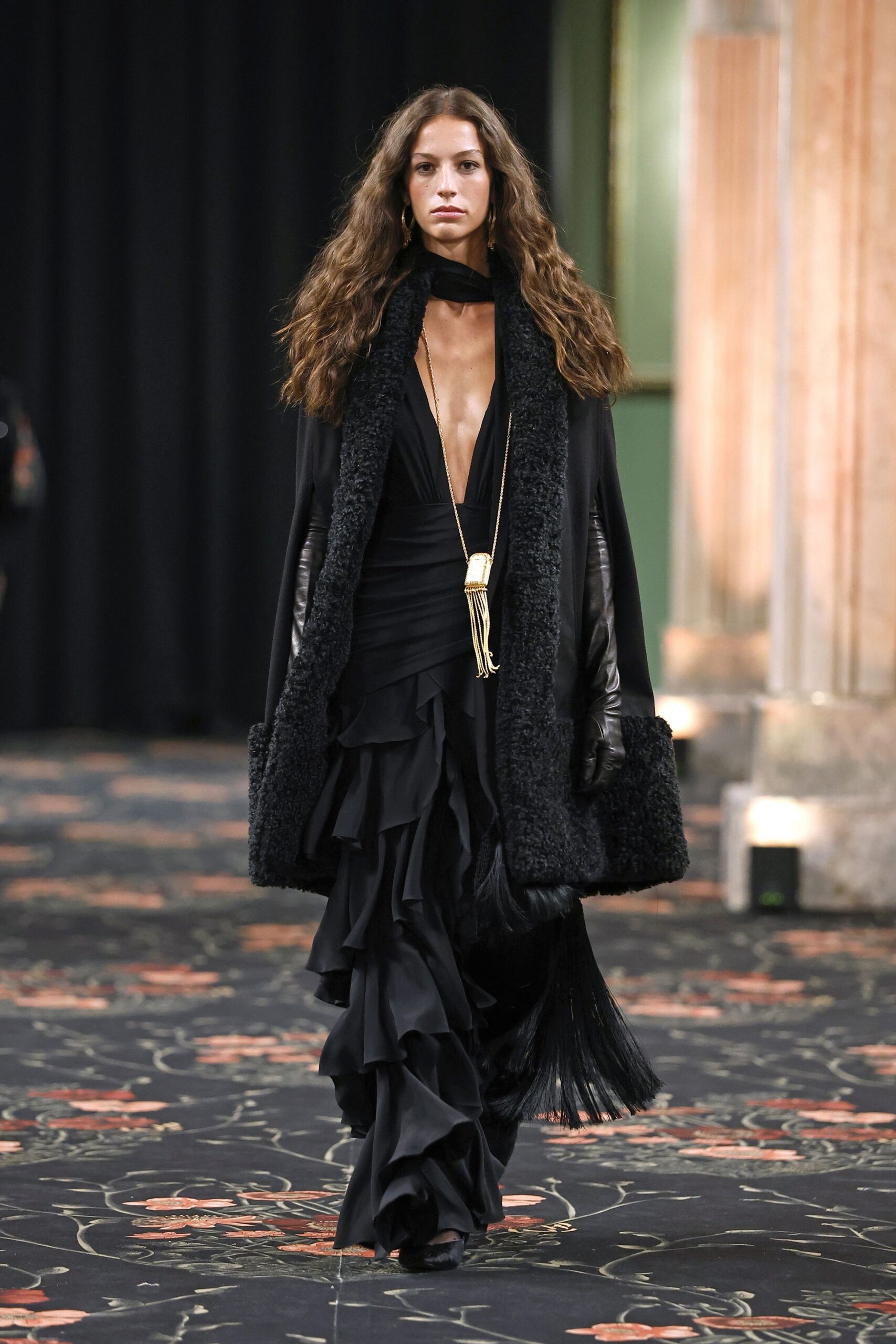 black silk long-sleeve v-neck fitted ruffled maxi gown