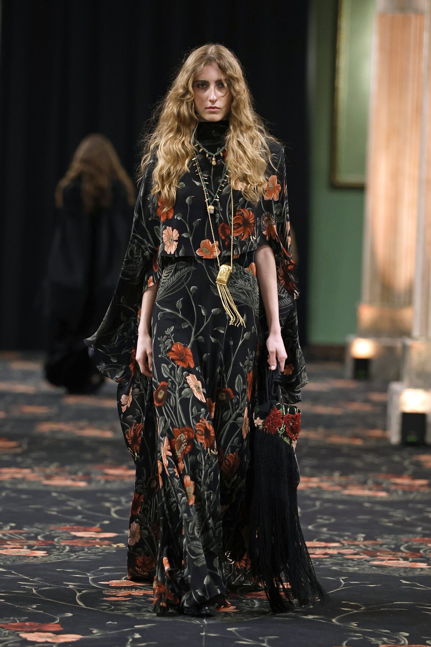 black silk long-sleeve v-neck fitted floral layered dress