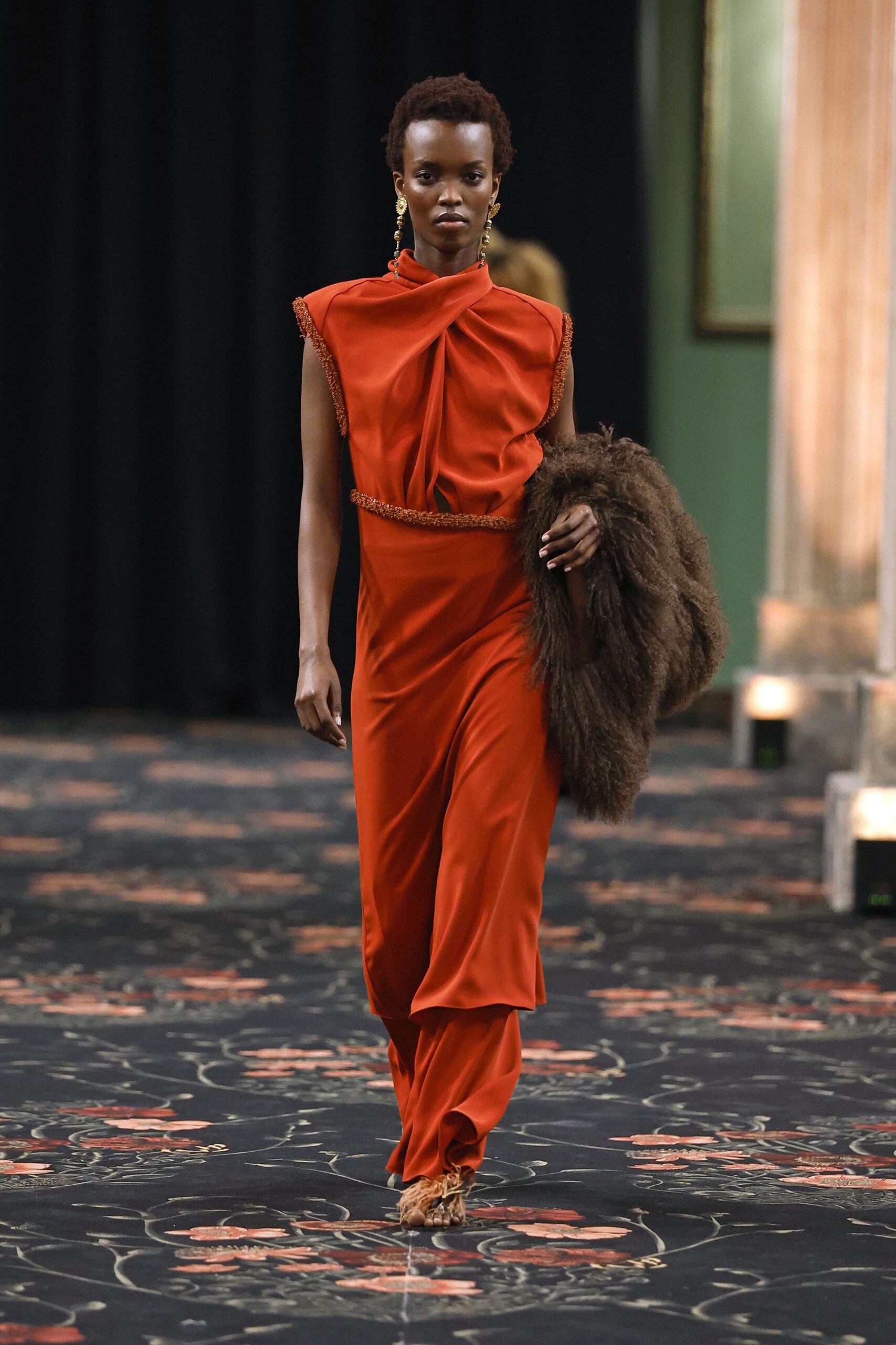 red silk sleeveless high-neck fitted draped maxi gown