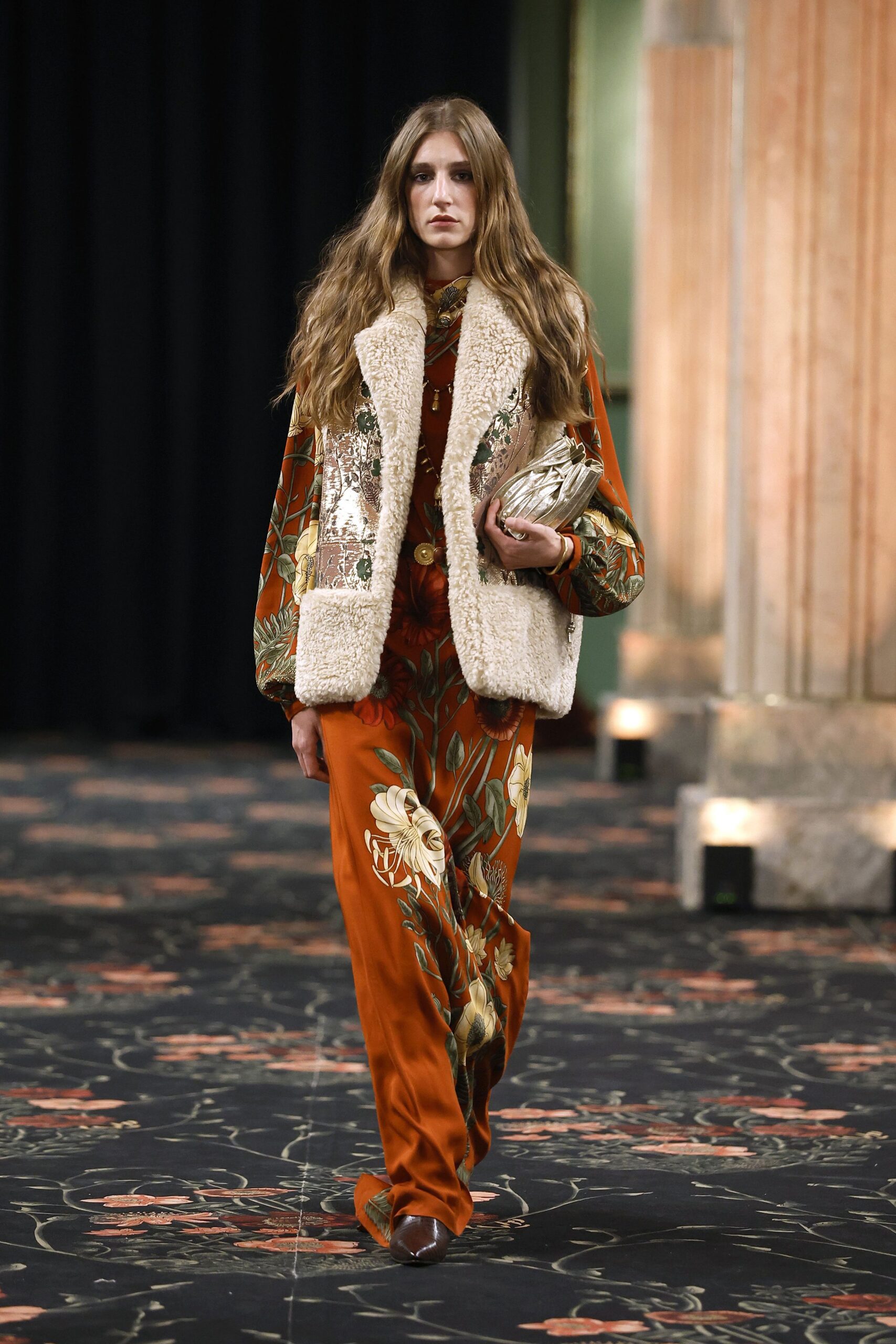 orange cotton long-sleeve collared fitted floral jumpsuit