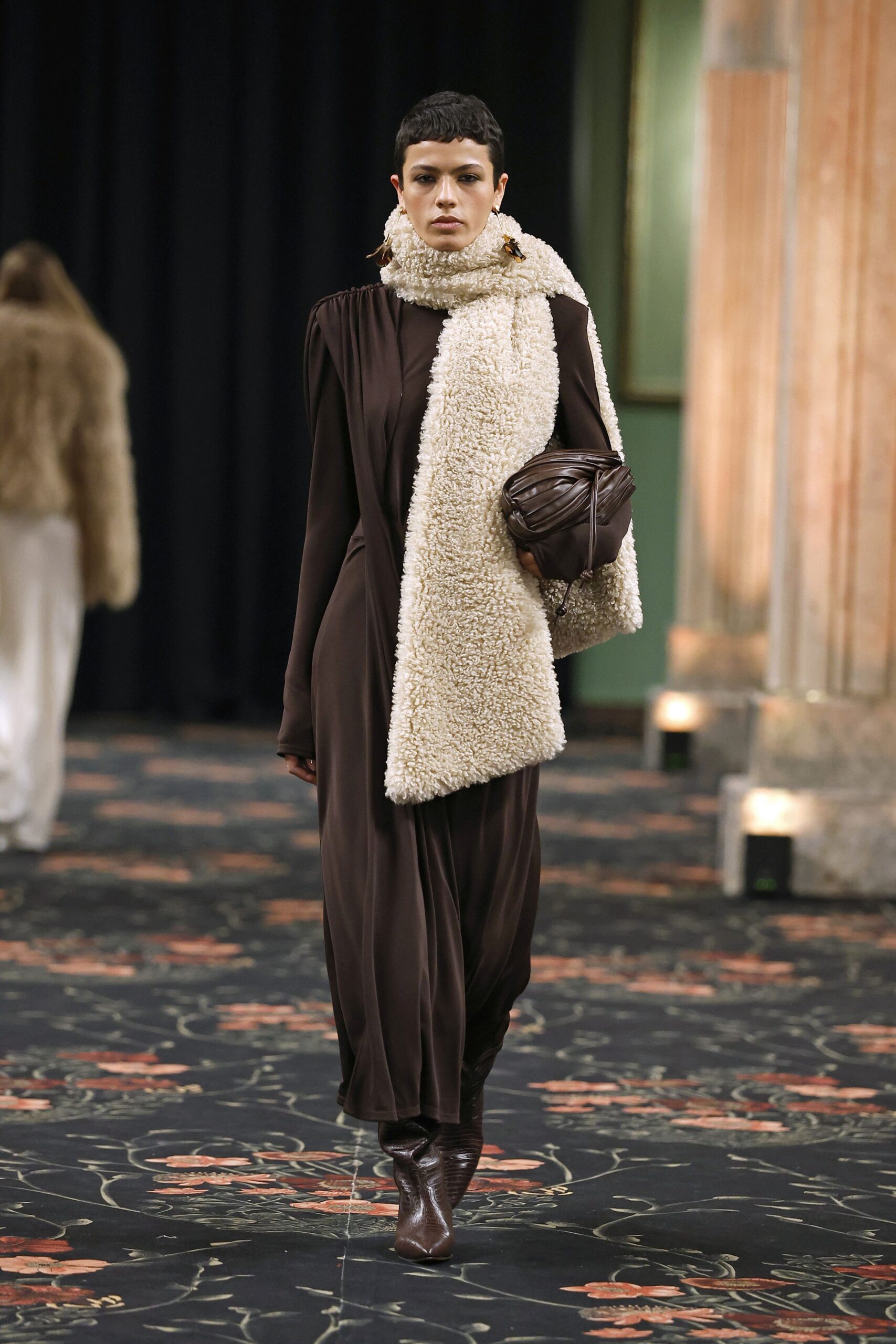 brown silk long-sleeve high-neck fitted draped maxi dress