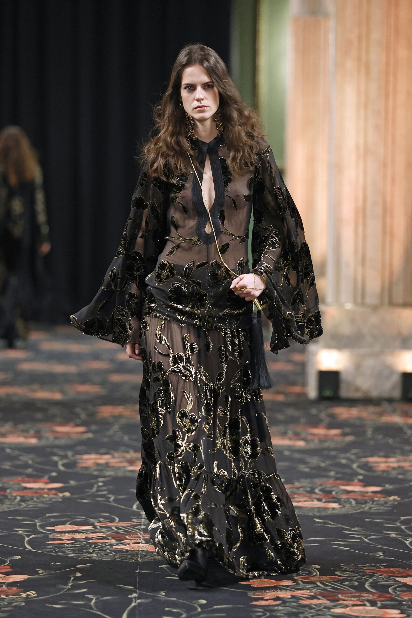 black silk embroidered gown