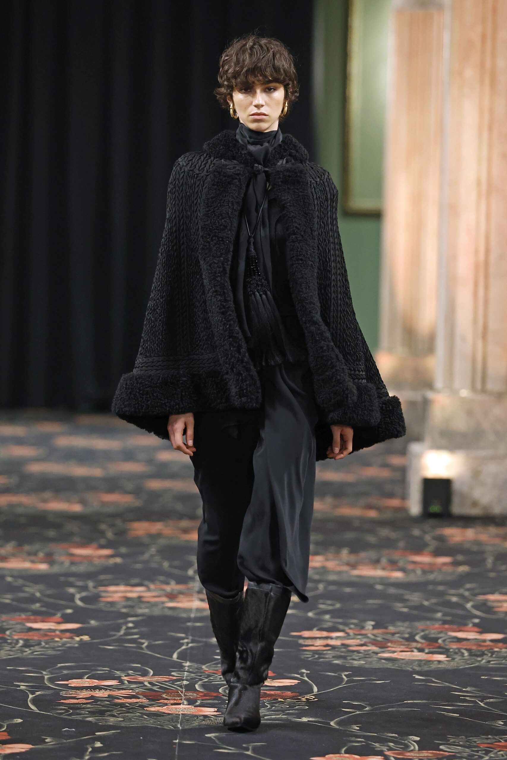 black wool relaxed fringed cape