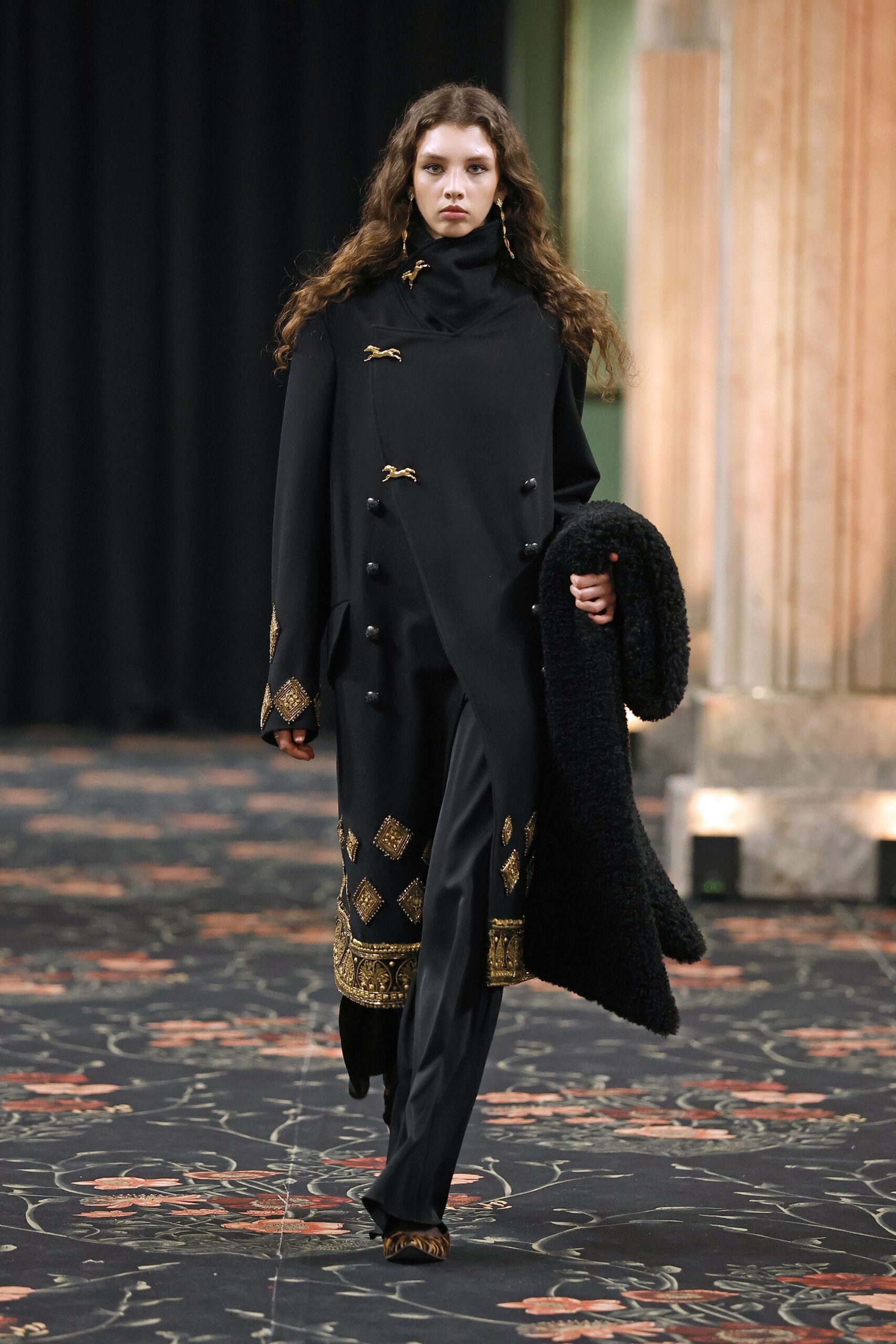 black wool long-sleeve collared relaxed buttoned embroidered coat