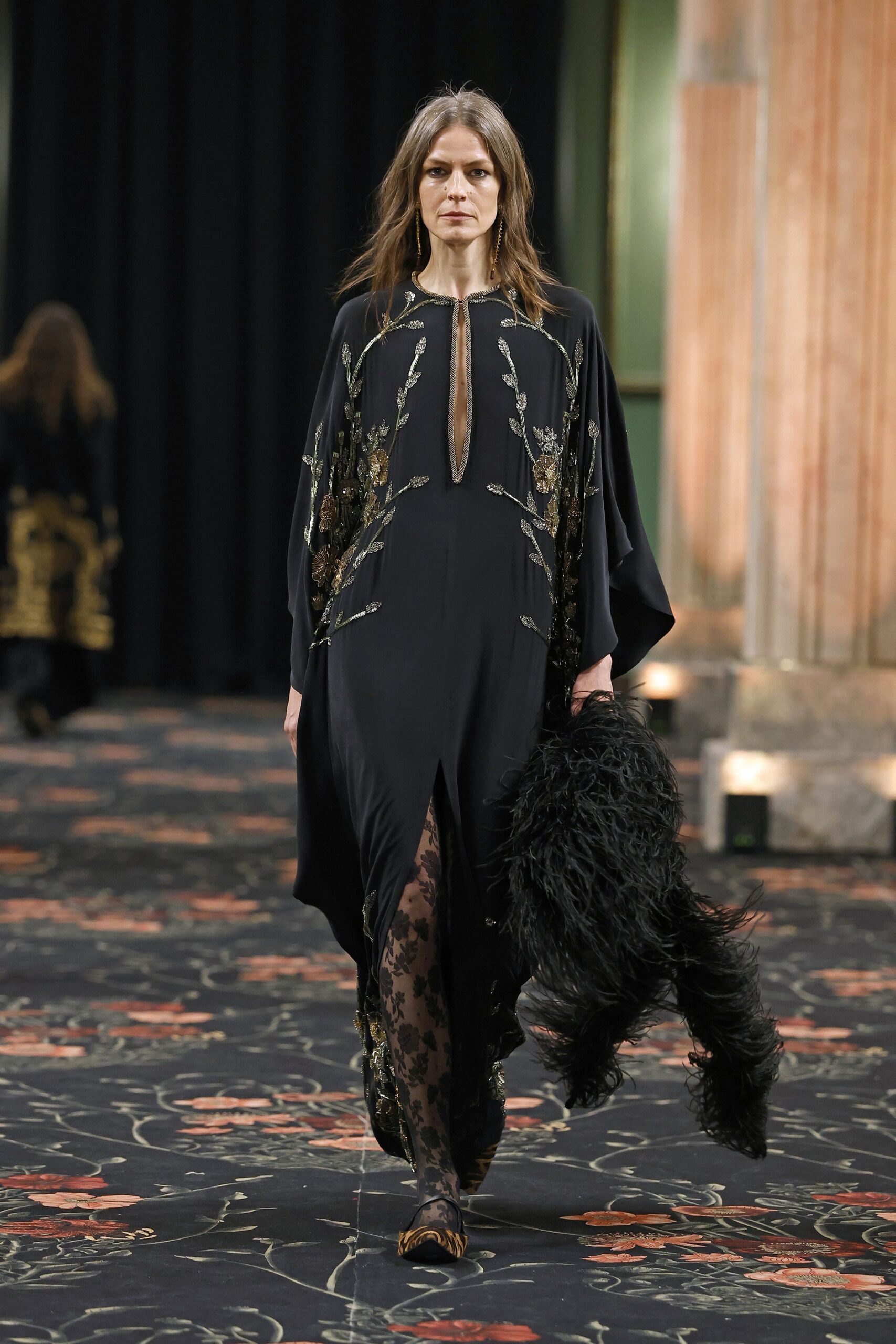black silk long-sleeve v-neck fitted embroidered layered gown