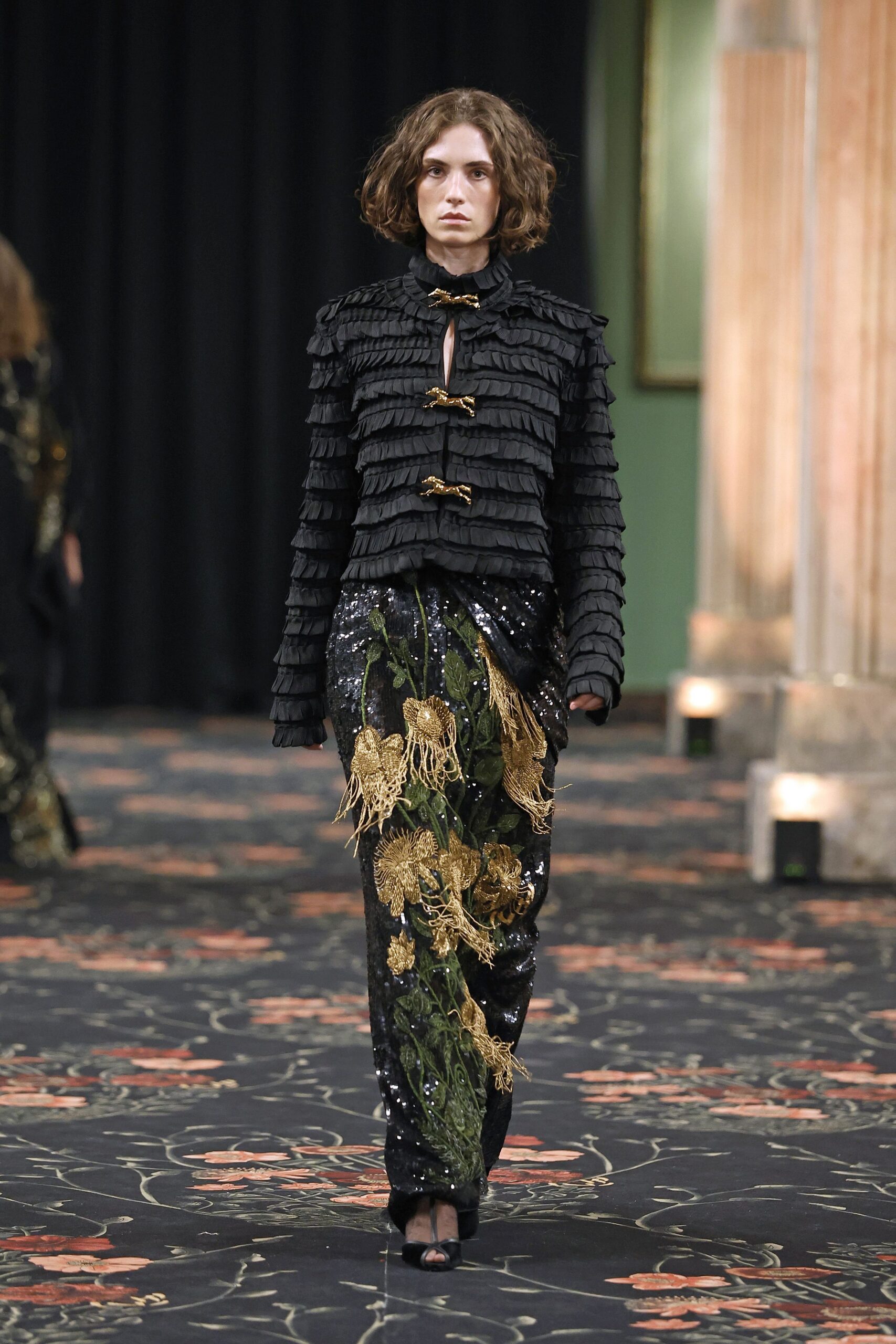 black silk long-sleeve collared fitted ruffled top