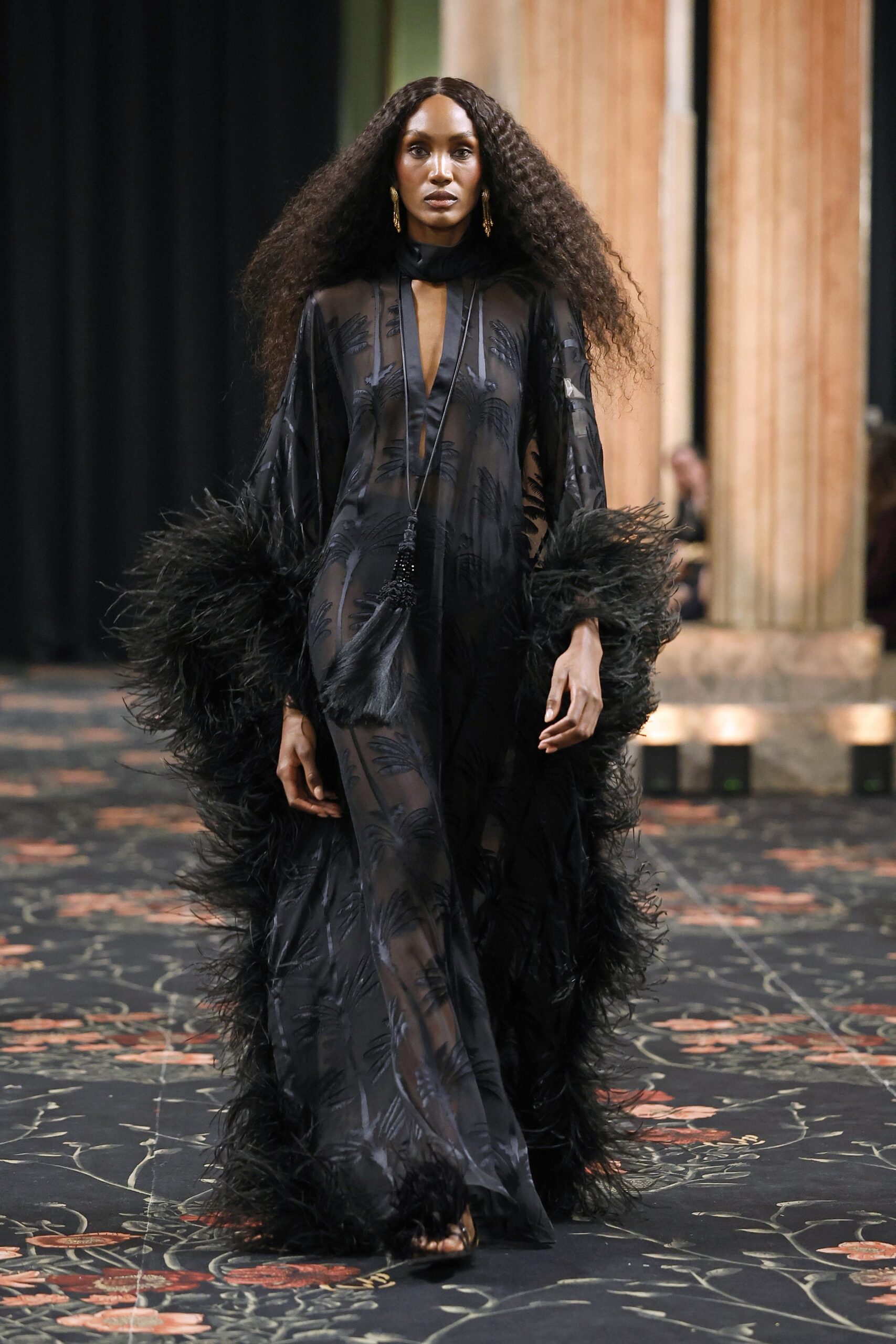 black silk long-sleeve v-neck fitted fringed gown