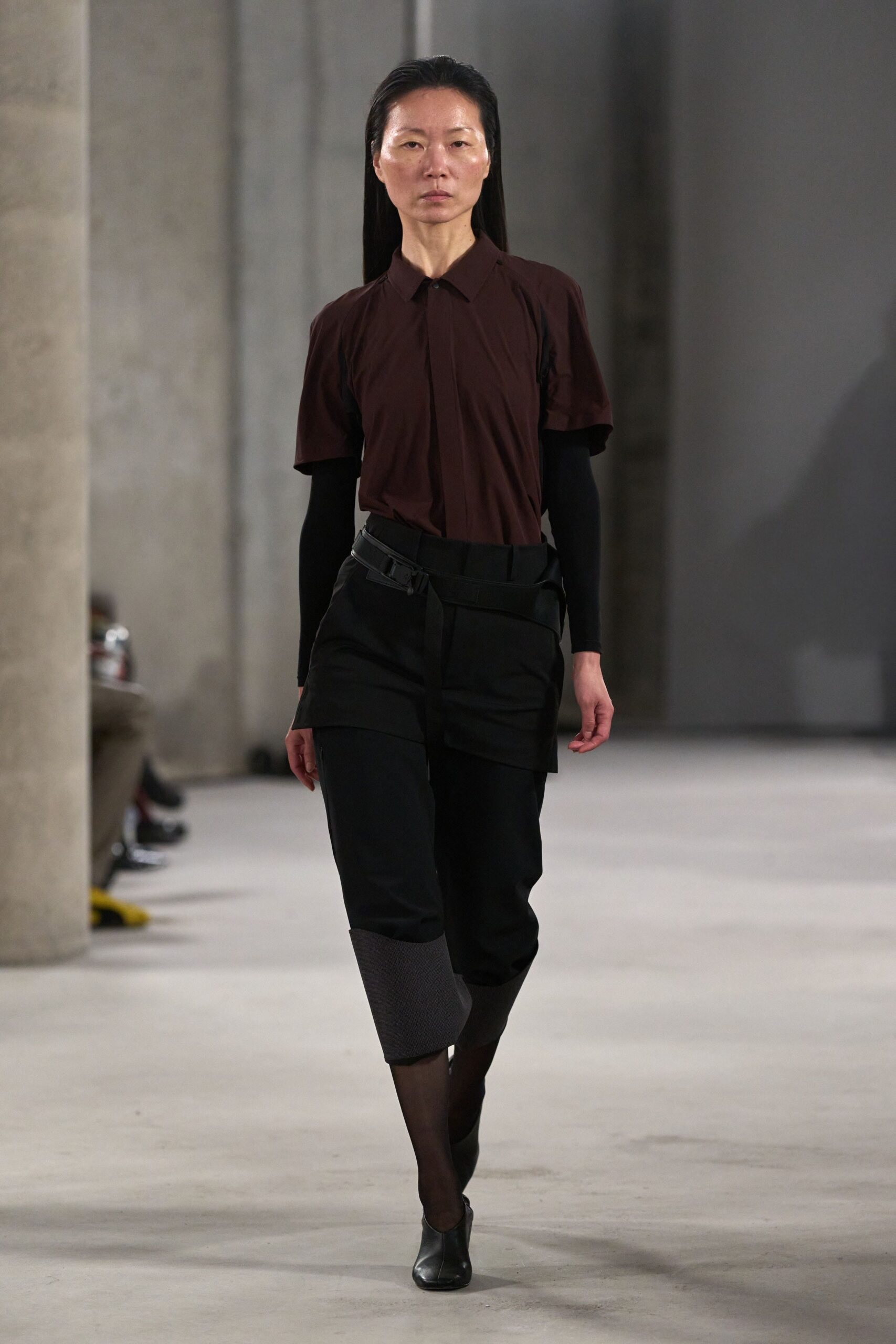 brown fitted shirt black cargo pants