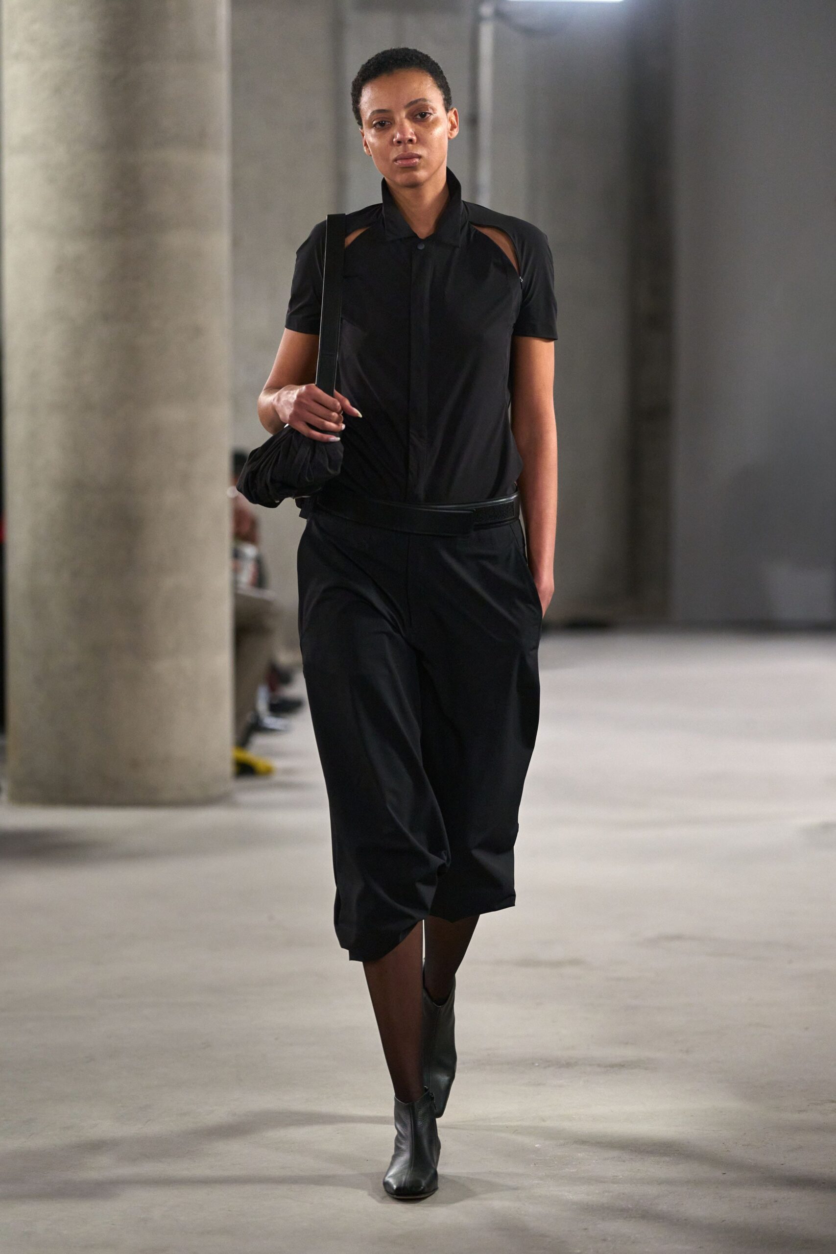 black fitted shirt and relaxed pants
