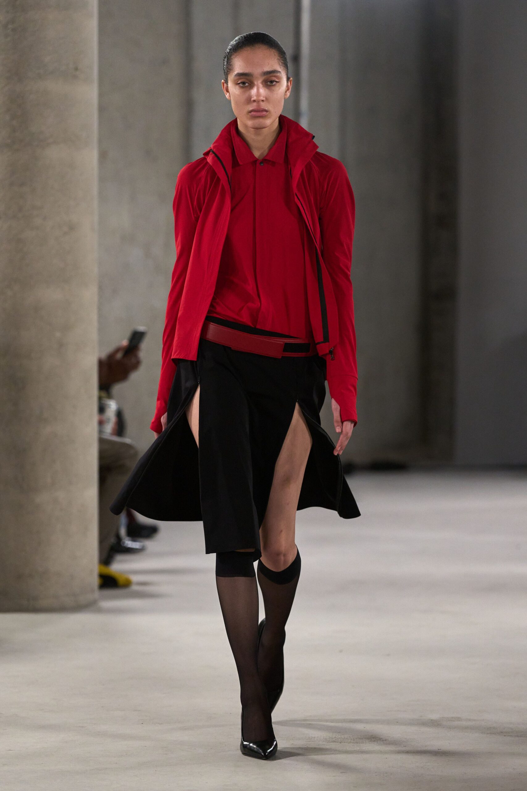red hoodie black skirt outfit