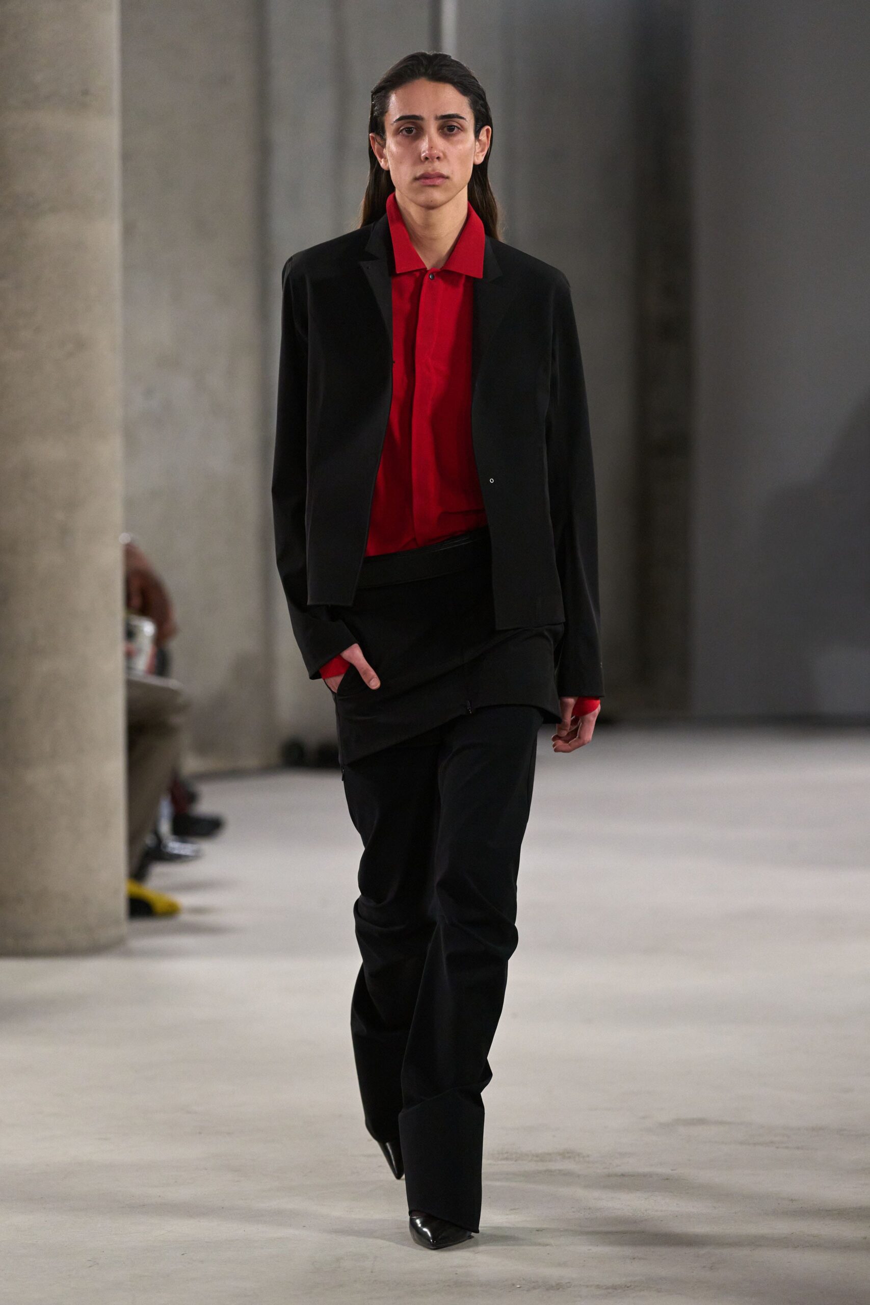 black blazer red shirt tailored pants