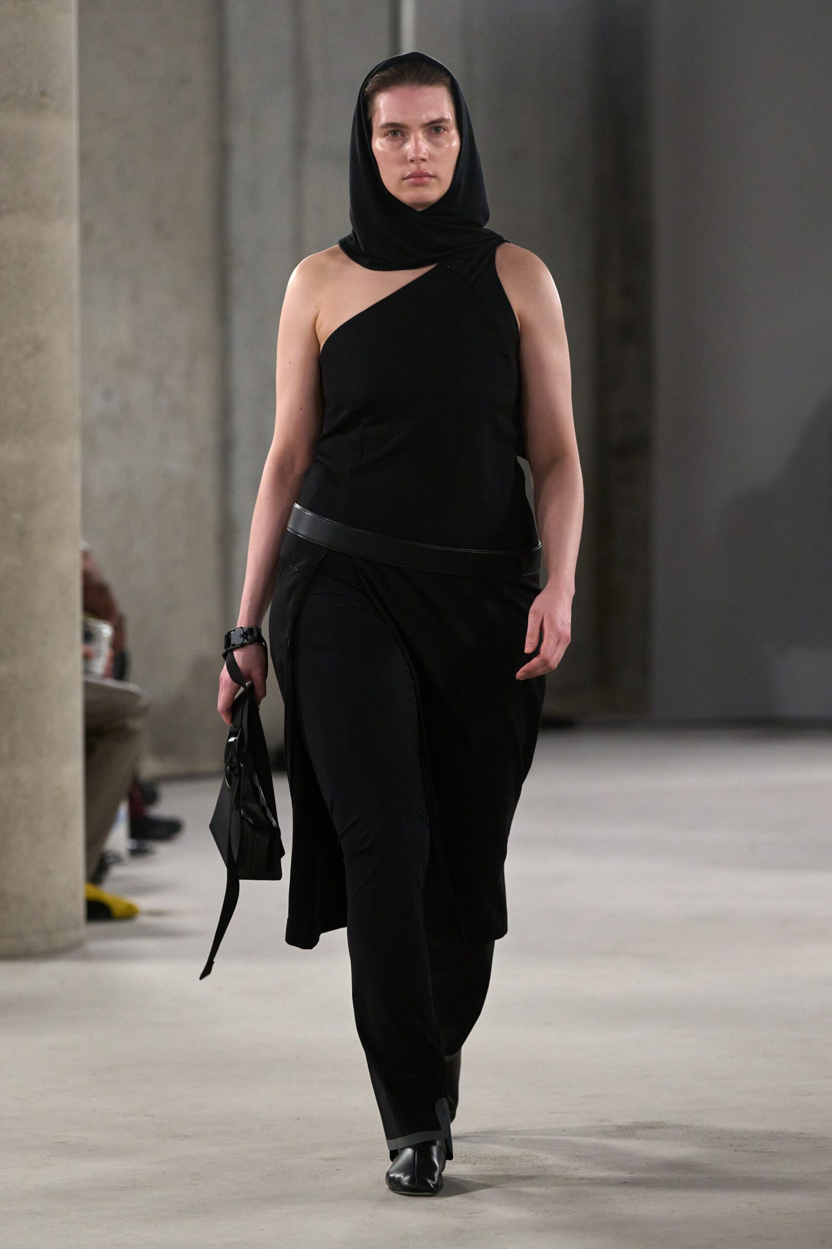 black asymmetric dress with pants