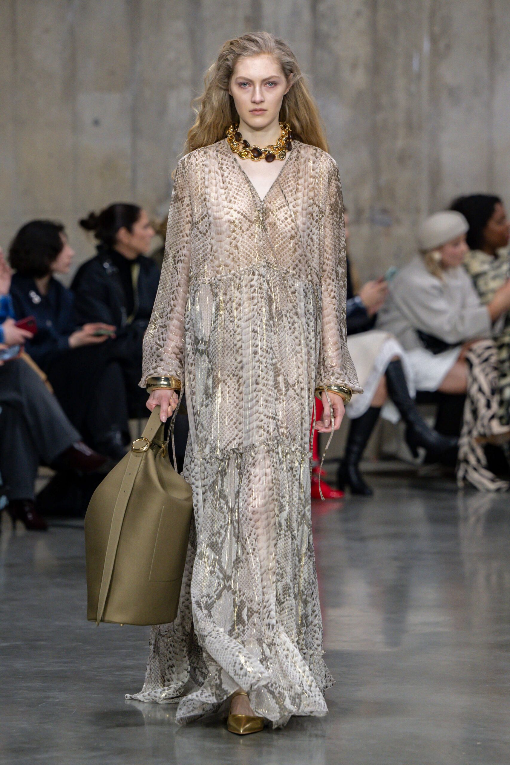 beige silk long-sleeve v-neck relaxed embroidered gown