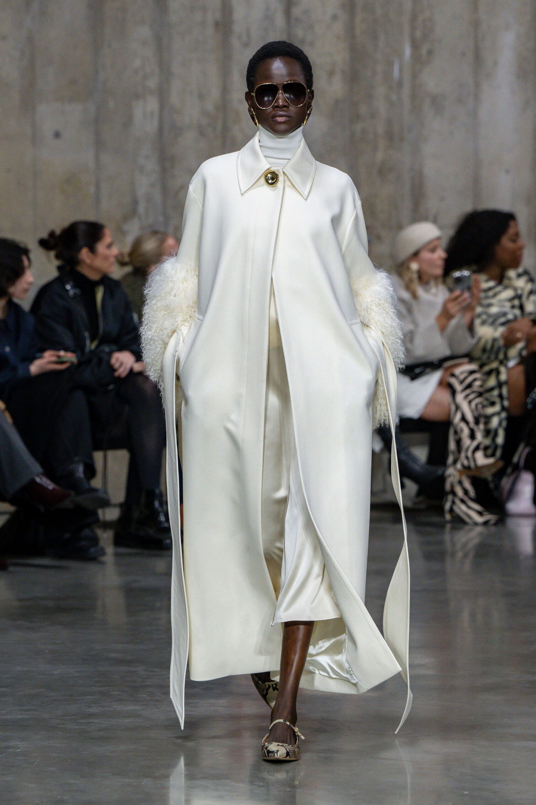 white silk long-sleeve collared relaxed draped maxi coat