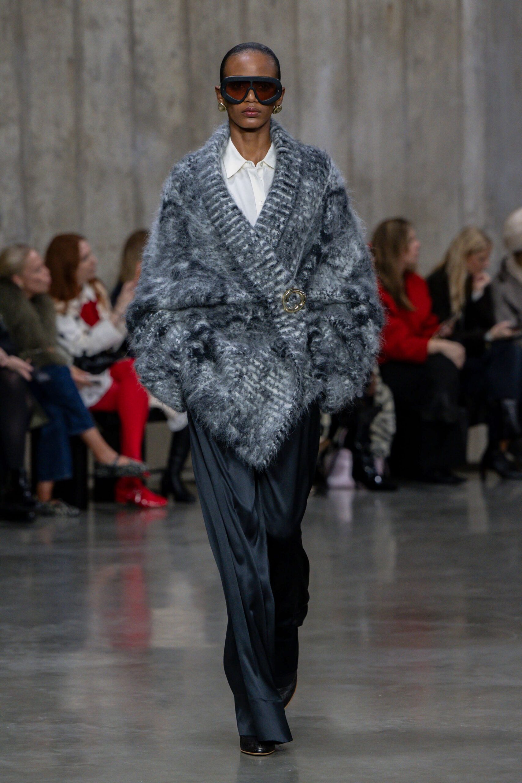 gray fur long-sleeve collared relaxed belted coat