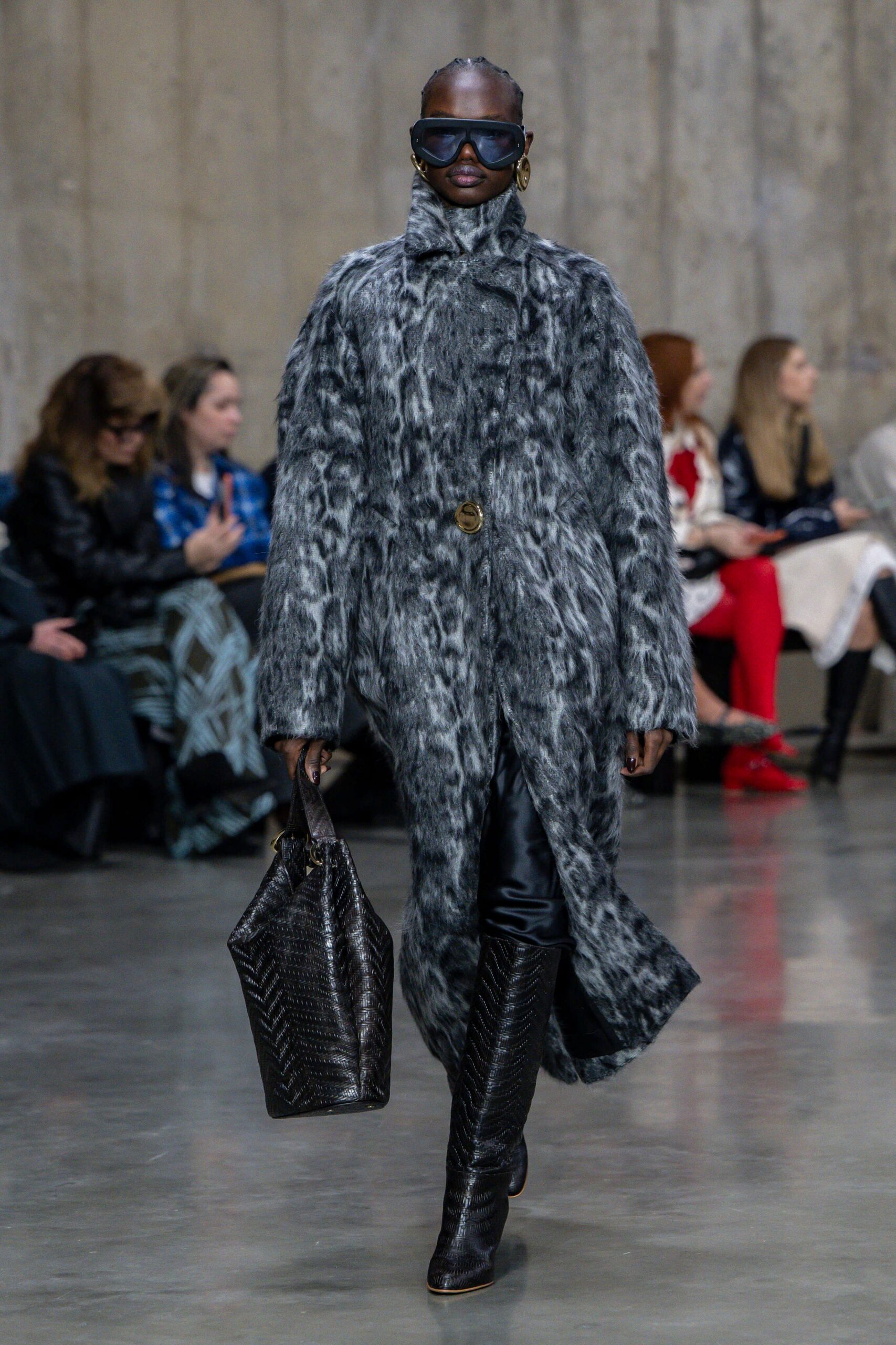gray fur long-sleeve collared relaxed animal-print midi coat
