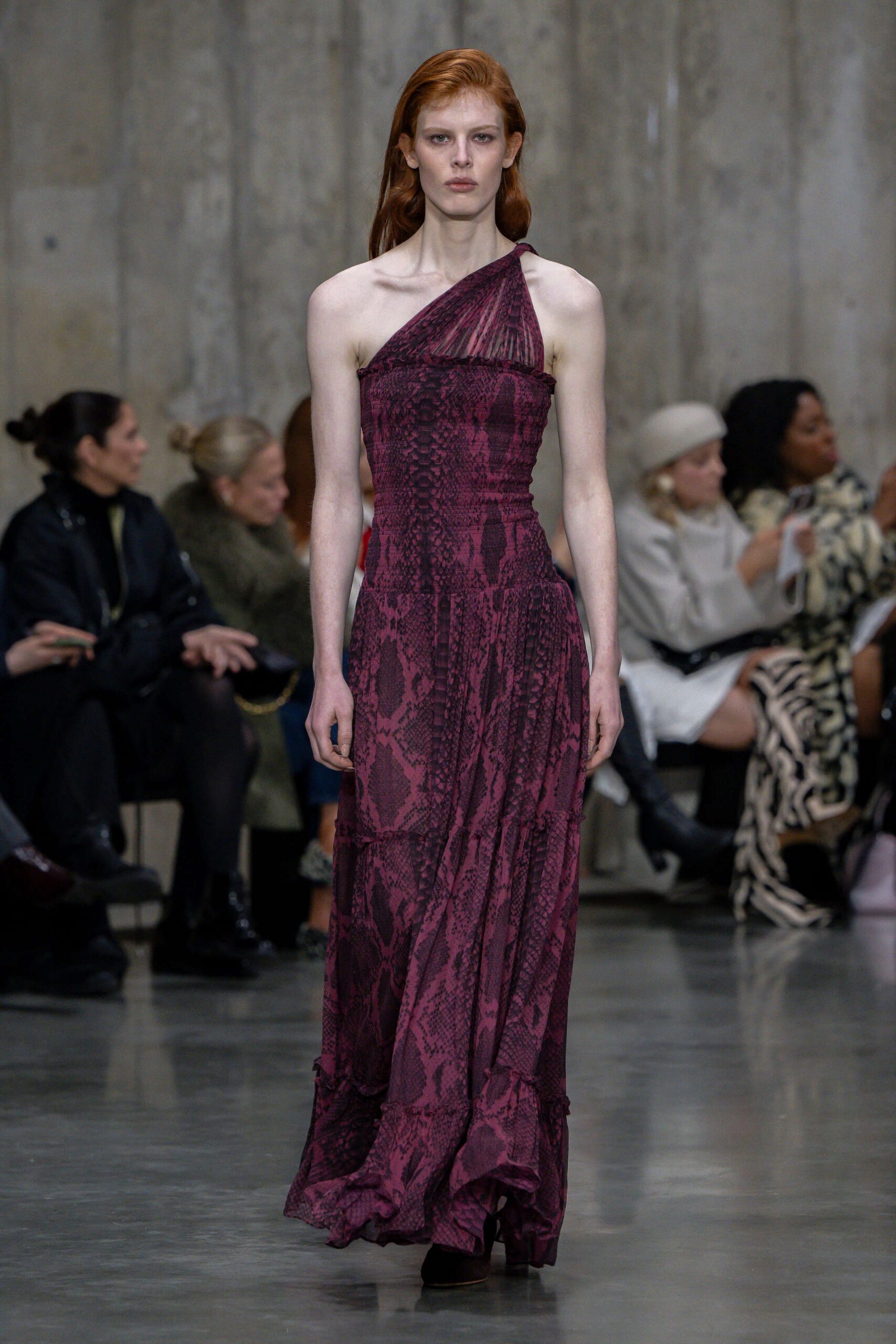 purple silk sleeveless high-neck fitted ruched printed gown